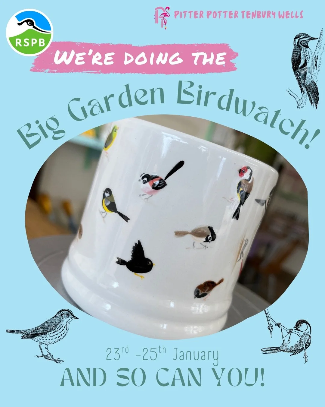 🐦&zwj;⬛BIG &bull; GARDEN &bull; BIRDWATCH🐦&zwj;⬛

Here at Pitter Potter Tenbury Wells we love our birds, and when we&rsquo;re not pottery studio-ing, going out birding is a BIG favourite! 
But you don&rsquo;t need to enjoy birdwatching, or even go 