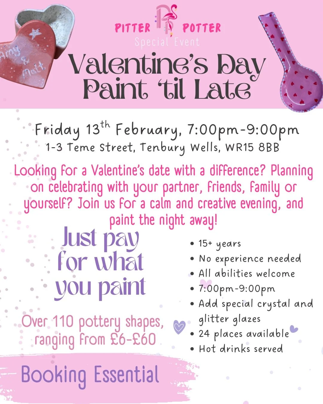 🩷PITTER &bull; POTTER &bull; EVENT🩷

Making plans for the Valentine&rsquo;s Day weekend? Whether you&rsquo;re spending it with a date, friend, family member or by yourself - it&rsquo;s got to be pottery painting at Pitter Potter Tenbury Wells!

💝 