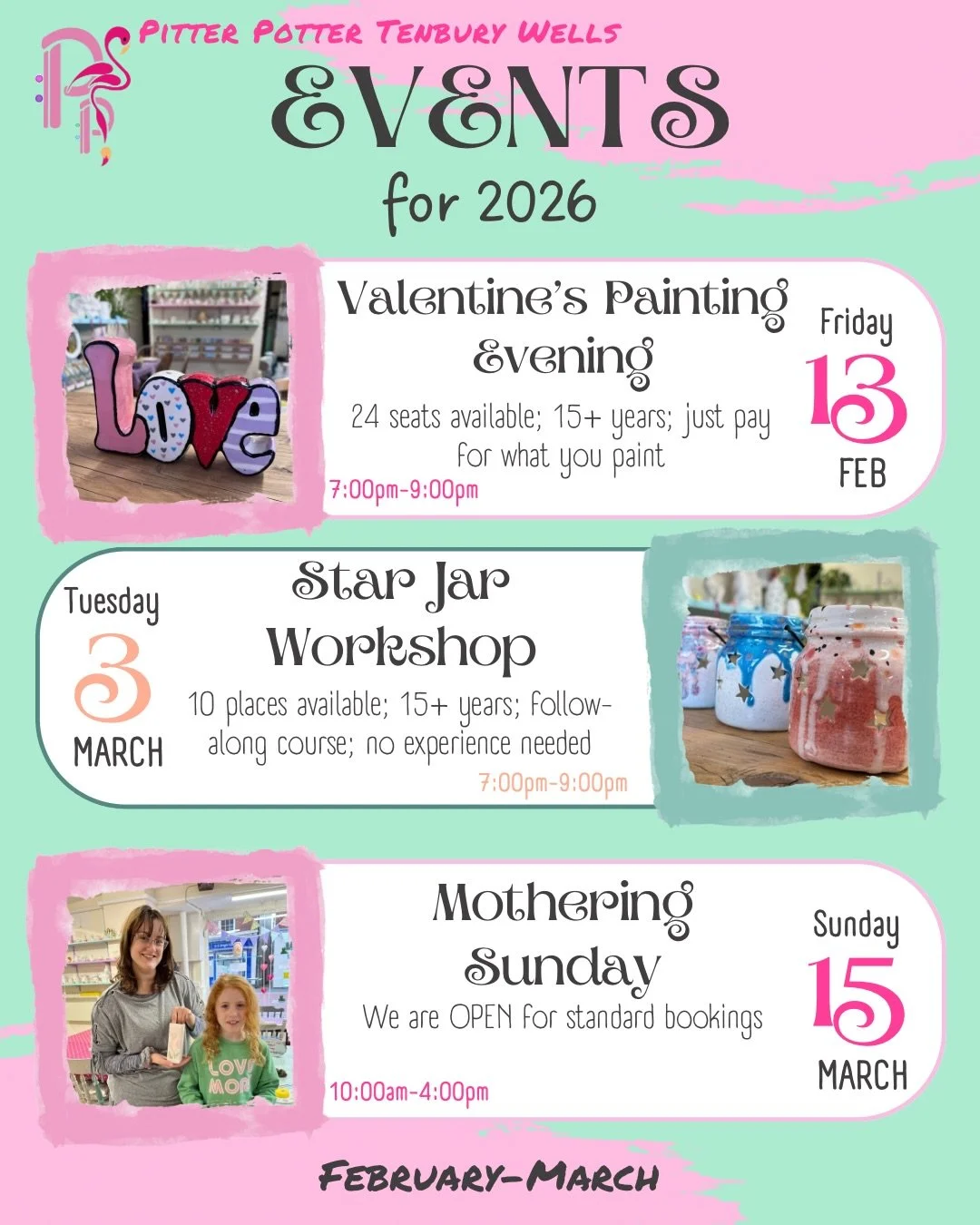 📅2026 &bull; EVENT &bull; LIST📅

Well, here it is folks - Pitter Potter Tenbury Wells&rsquo; list of events for 2026!🎉 We&rsquo;ve planned a lovely selection of special events, themed evenings, workshops and more - we&rsquo;re very excited!🤗

We&