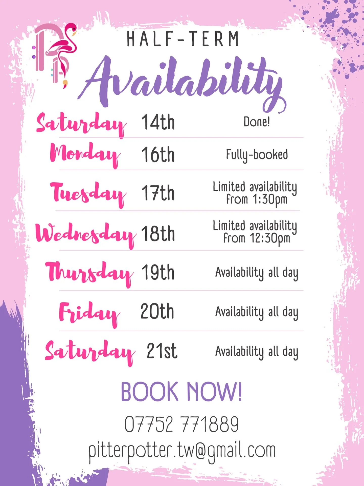 🌵HOLIDAY &bull; AVAILABILITY🌵

This is what our Half-Term table space is like at the moment. (Today, Monday 16th, we are FULL, just to reinforce that message!)
 Remember to always phone or message to book, as we can&rsquo;t always guarantee you a s