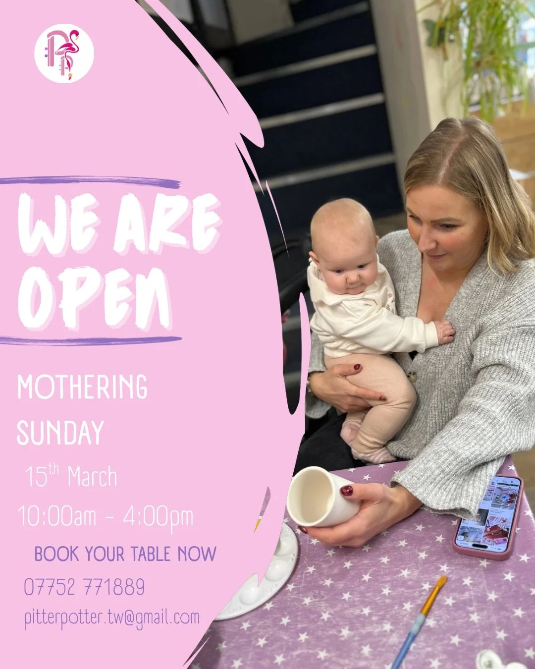 📌SAVE &bull; THE &bull; DATE📌

We are OPEN on Mother&lsquo;s Day (Sunday 15th March), 10:00am-4:00pm.🤗

🎨Bring your mum for some quality time doing something creative
🧑&zwj;🧑&zwj;🧒&zwj;🧒 Have fun as a family with something EVERYONE can enjoy!