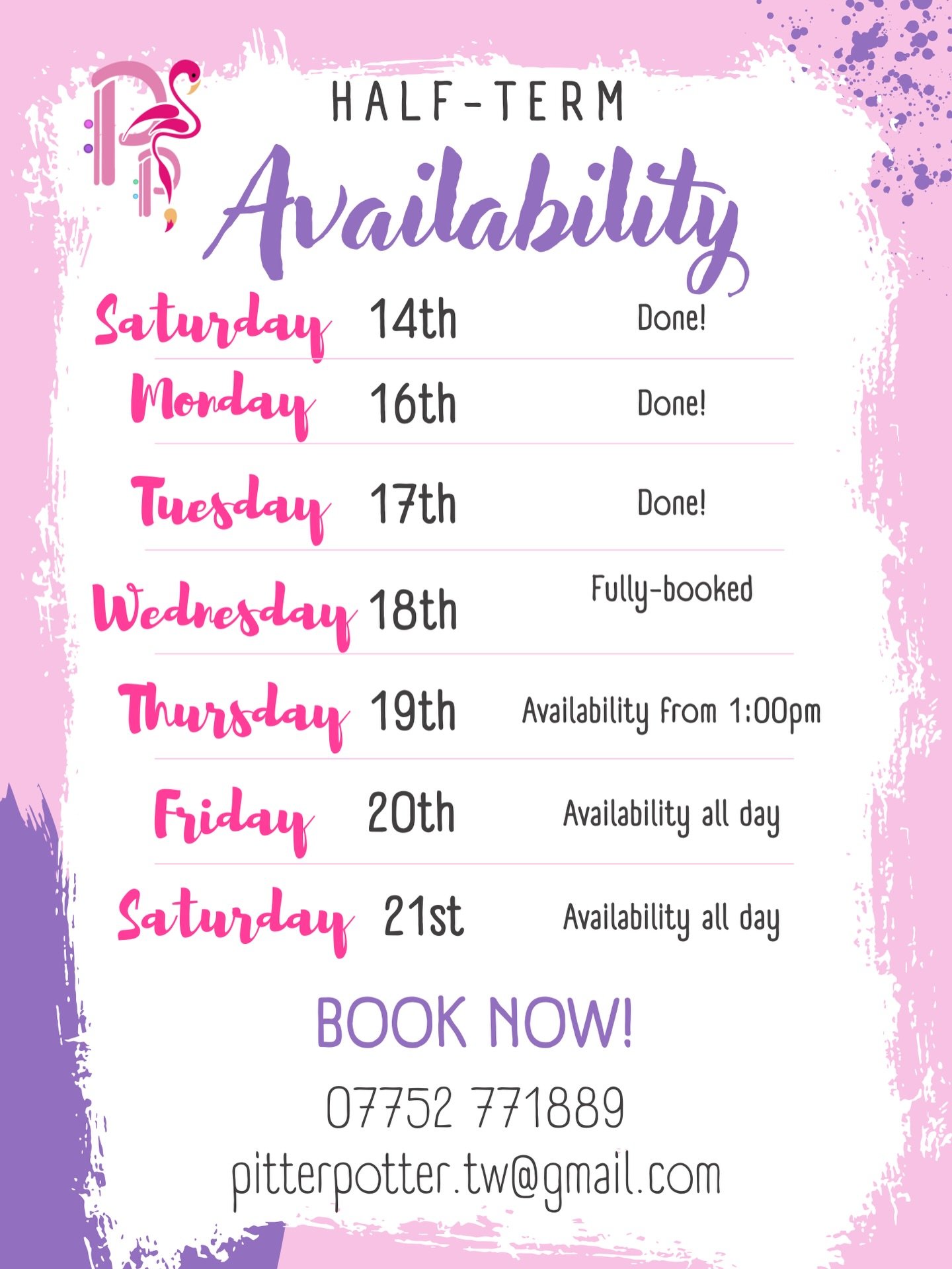 🌵HOLIDAY &bull; AVAILABILITY🌵

Okay - halfway through and we&rsquo;re going strong!💪🏻 We&rsquo;re completely FULL today, but have space from Thursday afternoon onwards. Try to avoid booking on the day - it&rsquo;s rare that we&rsquo;ll have space