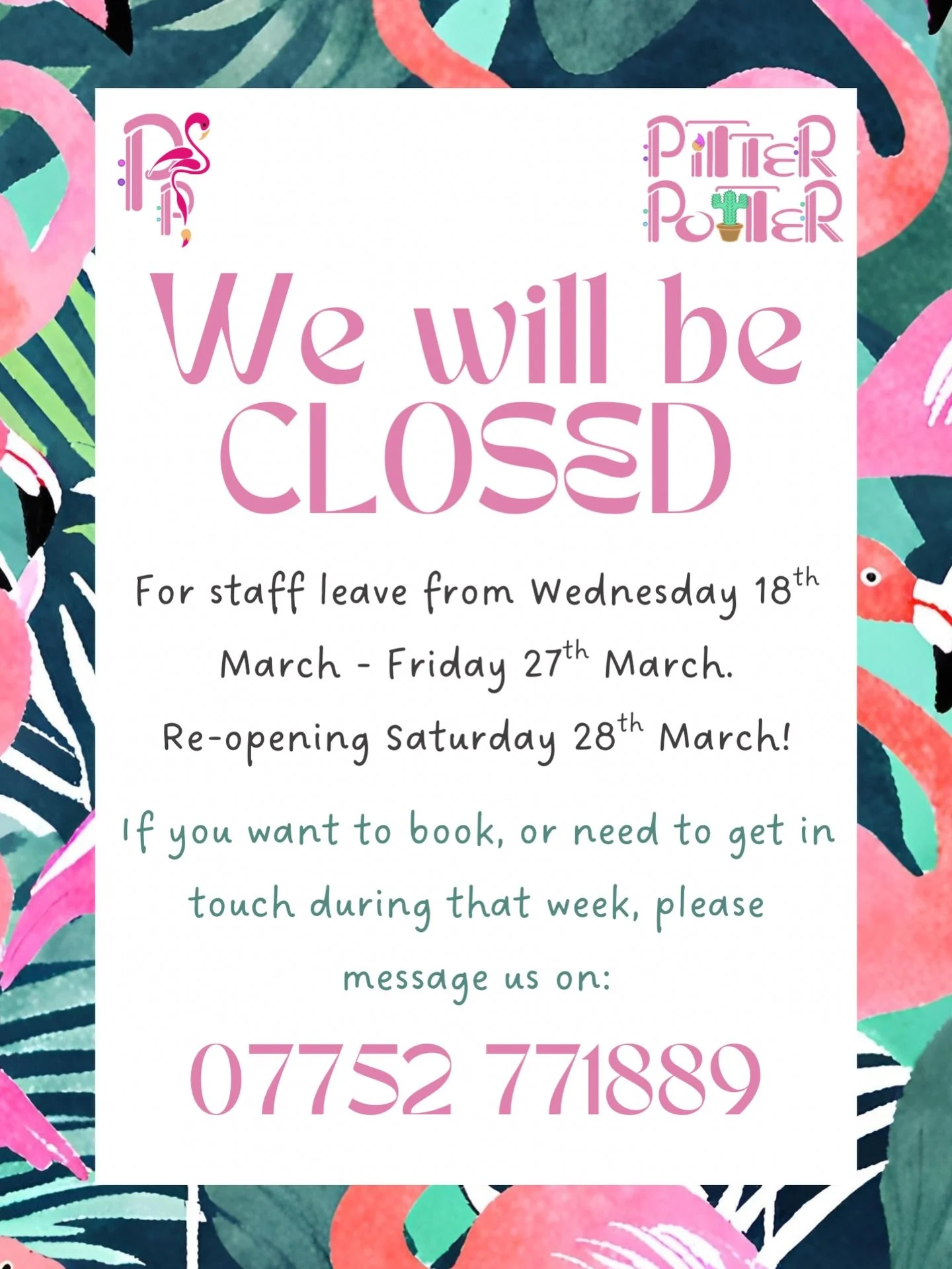 Closed - Holiday

Just to let everyone know that we will be CLOSED from Wednesday 18th March - Friday 27th March for staff leave. Don&rsquo;t worry - we&rsquo;ll be back open on Saturday 28th, and are looking forward to welcoming you then for the Eas