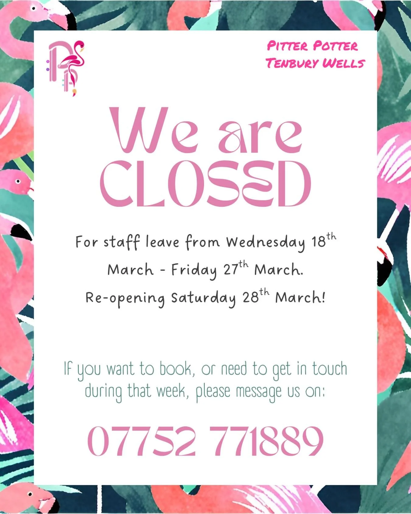 Closed - Holiday

We are now CLOSED until Friday 27th March for staff leave. Don&rsquo;t worry - we&rsquo;ll be back open on Saturday 28th, and are looking forward to welcoming you then for the Easter Holidays!

We will still be answering messages th