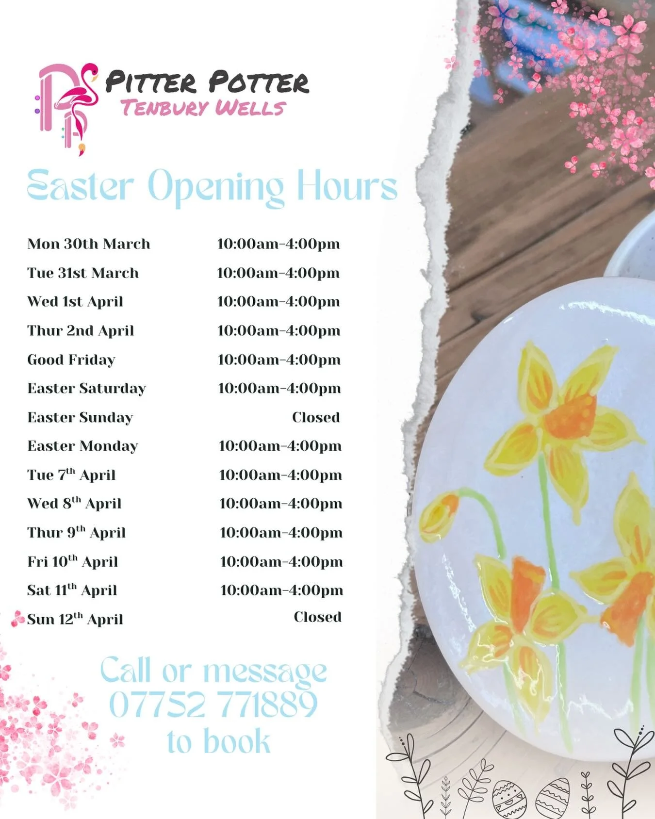 🐣HOLIDAY &bull; OPENING &bull; TIMES🐣

The school holidays are here - and we know that you&rsquo;re all very excited to get in some pottery painting!🎨

To help you plan, here are our opening days and times throughout the holidays. Remember that bo