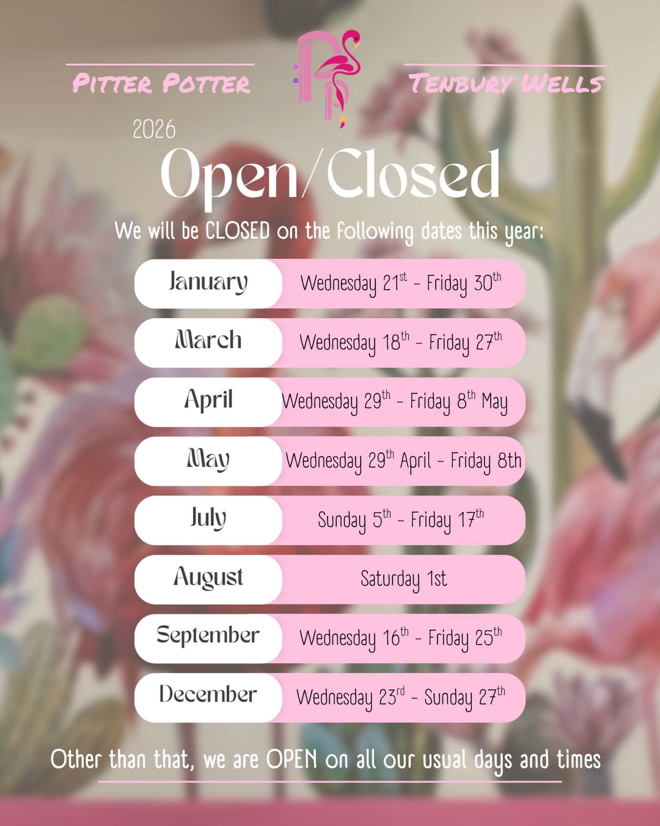 Reposting because we&rsquo;ve had to move one of the dates due to reasons beyond our control!

📆 2026 &bull; OPEN / CLOSED 📆

We&rsquo;re super-organised this year and have blocked out the &ldquo;Staff Leave&rdquo; weeks for the coming year (we nee