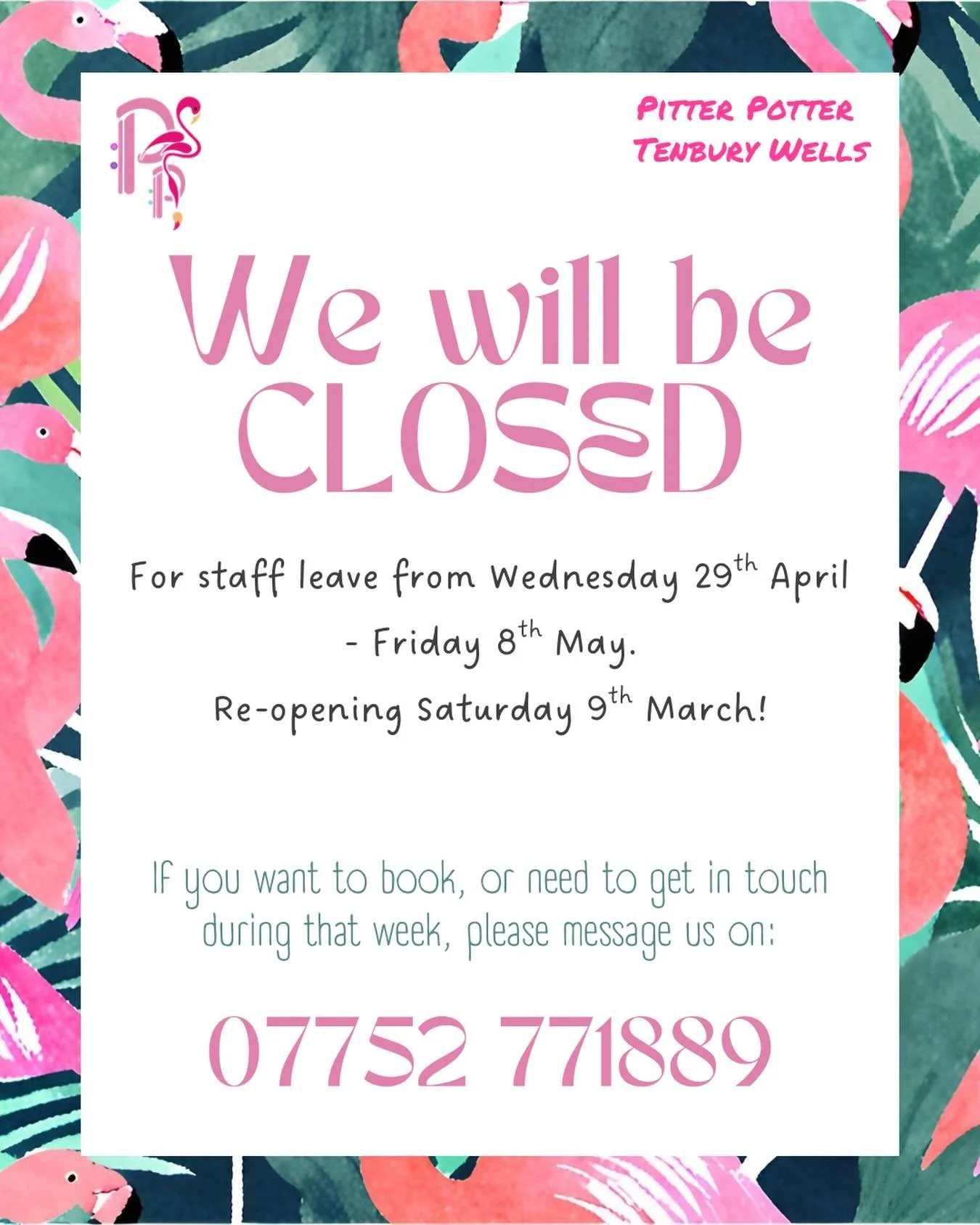 Just to let everyone know that we will be CLOSED from Wednesday 29th April - Friday 8th May for staff leave. Don&rsquo;t worry - we&rsquo;ll be back open on Saturday 9th, and are looking forward to welcoming you then for lots of paint-your-own-potter