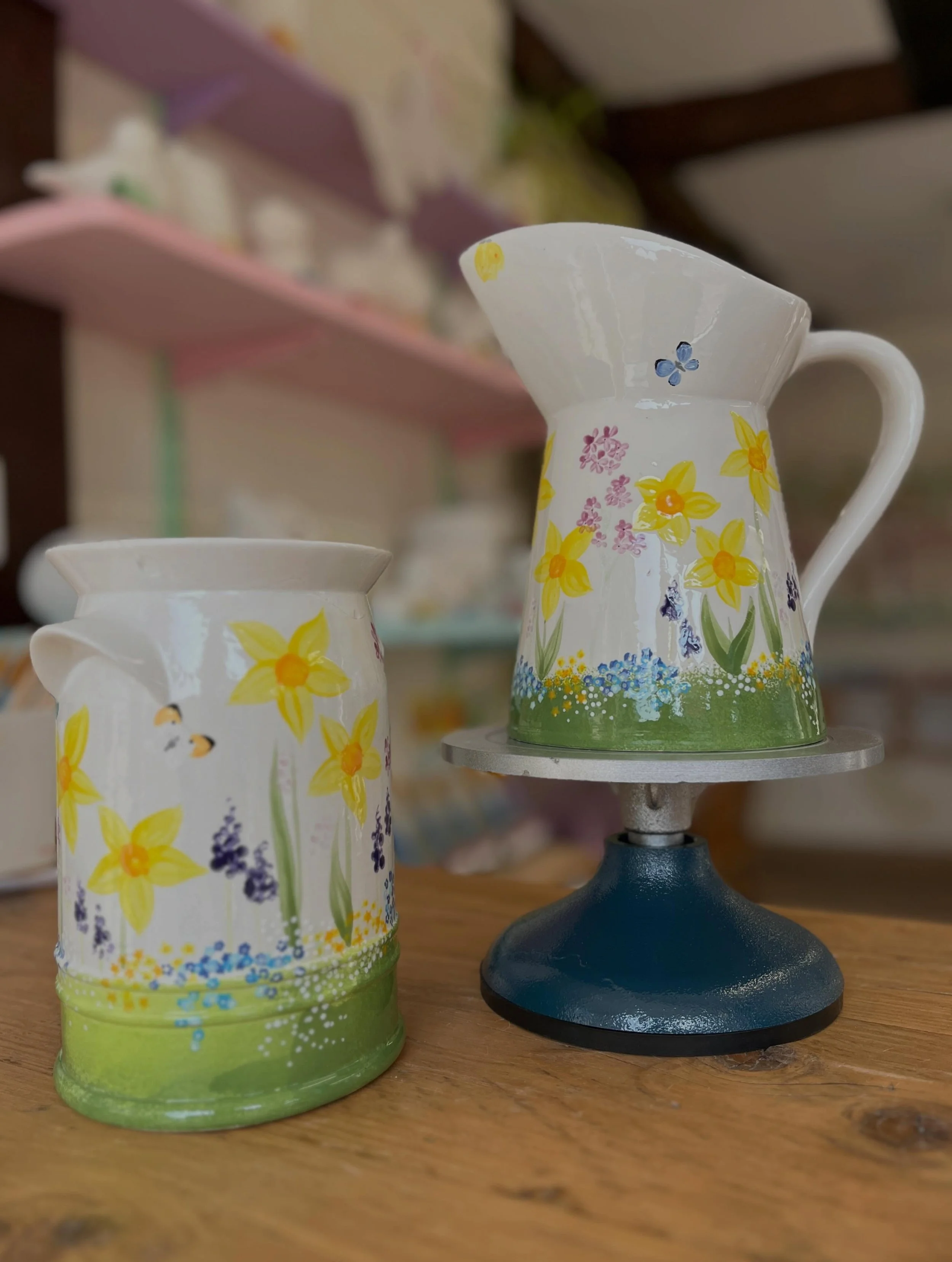 From Louise, our resident artist:

&ldquo;Sometimes the subject matter is too beautiful to restrict to one piece! 
This gorgeous jug was a commission for a colleague&rsquo;s leaving gift, with the glorious words &ldquo;whatever flowers you think woul