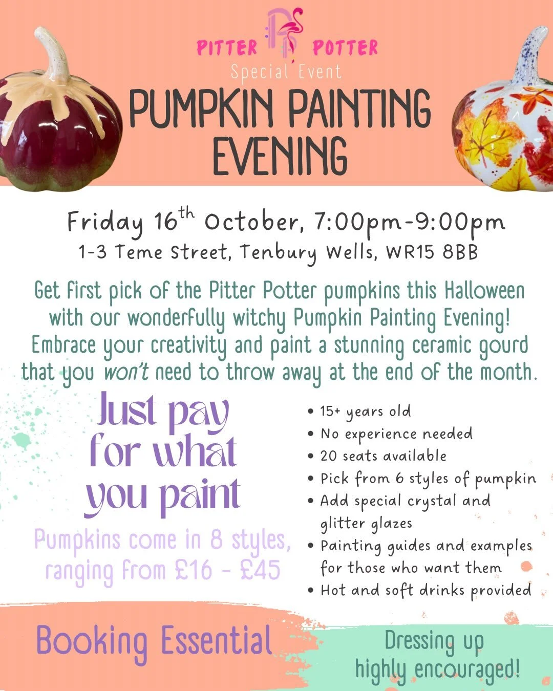 🔔 PITTER &bull; POTTER &bull; EVENT🔔

It&rsquo;s pumpkin time of year again, and time for our ever-popular Pumpkin Painting Evening!🎃

Get first dibs of our gorgeous ceramic and enjoy a peaceful evening of decorating. The best part? You get to use