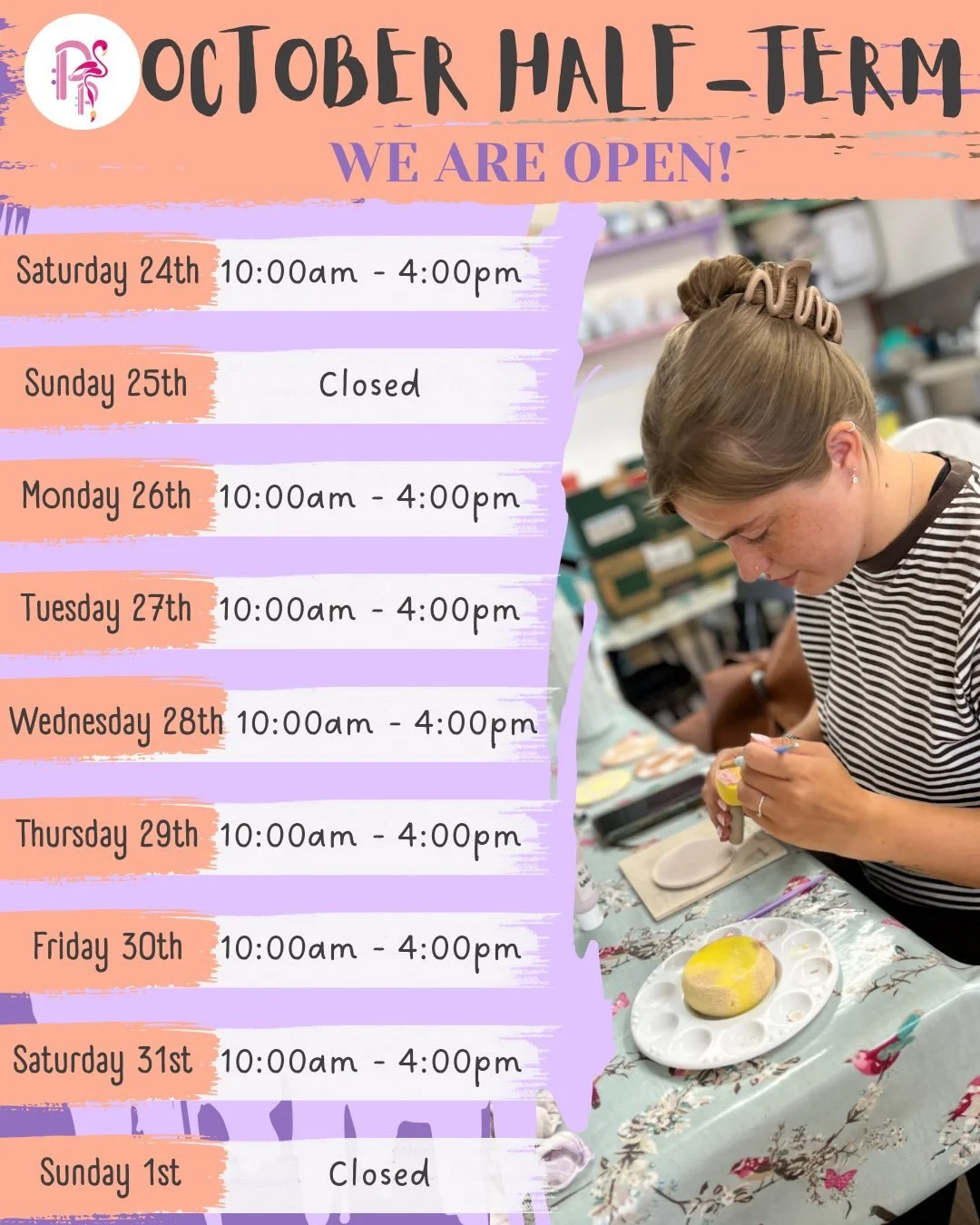 🎃 HALF &bull; TERM🎃

October Half-Term begins this weekend and there&rsquo;s no better opportunity to go pottery painting!🖌️

We are open ALL WEEK (including Thursday 29th), and it&rsquo;s the perfect time to paint pumpkins and cocoa mugs, so fire