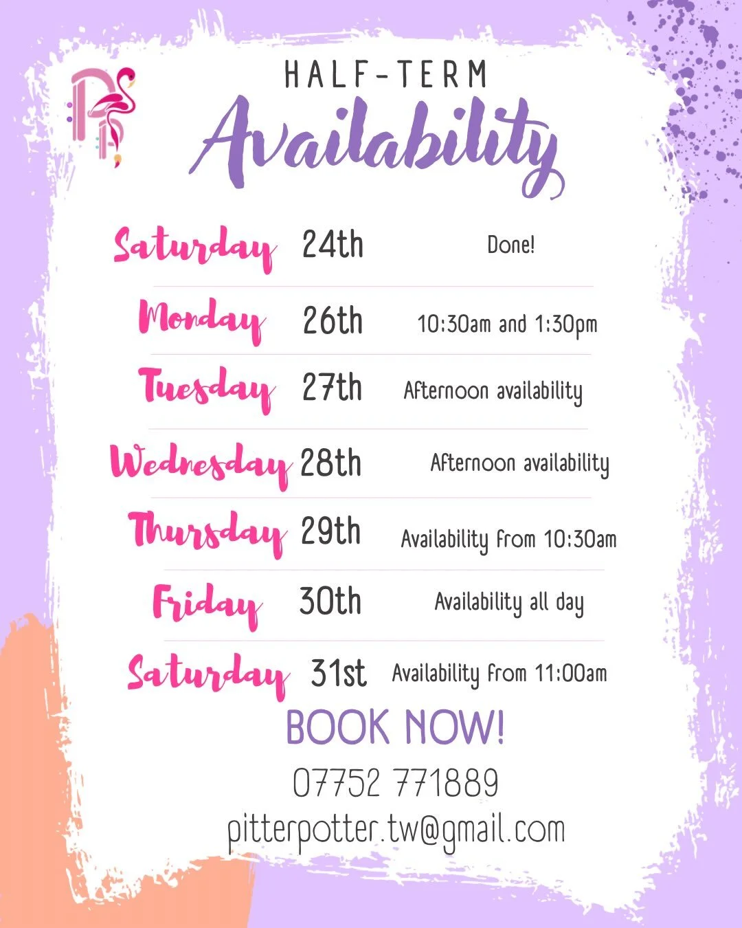 🌵HOLIDAY &bull; AVAILABILITY🌵

This is what our Half-Term table space is like at the moment. Remember to always phone or message to book, as we can&rsquo;t always guarantee you a spot if you just turn up!
Loving foward to a fabulous half term full 