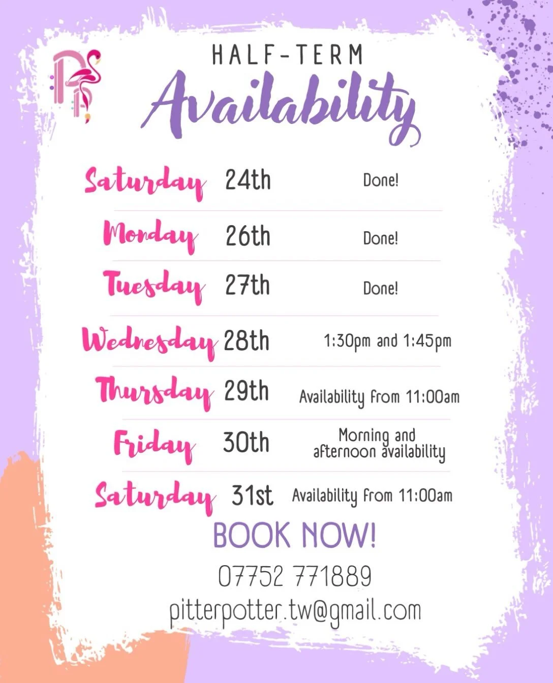 🌵HOLIDAY &bull; AVAILABILITY🌵

Half Term Availability Update!
We are pretty much full tomorrow (Wednesday 28th) but we do have a few afternoon spaces. However, Thursday, Friday and Saturday have more availability. Book now for Halloween pottery pai