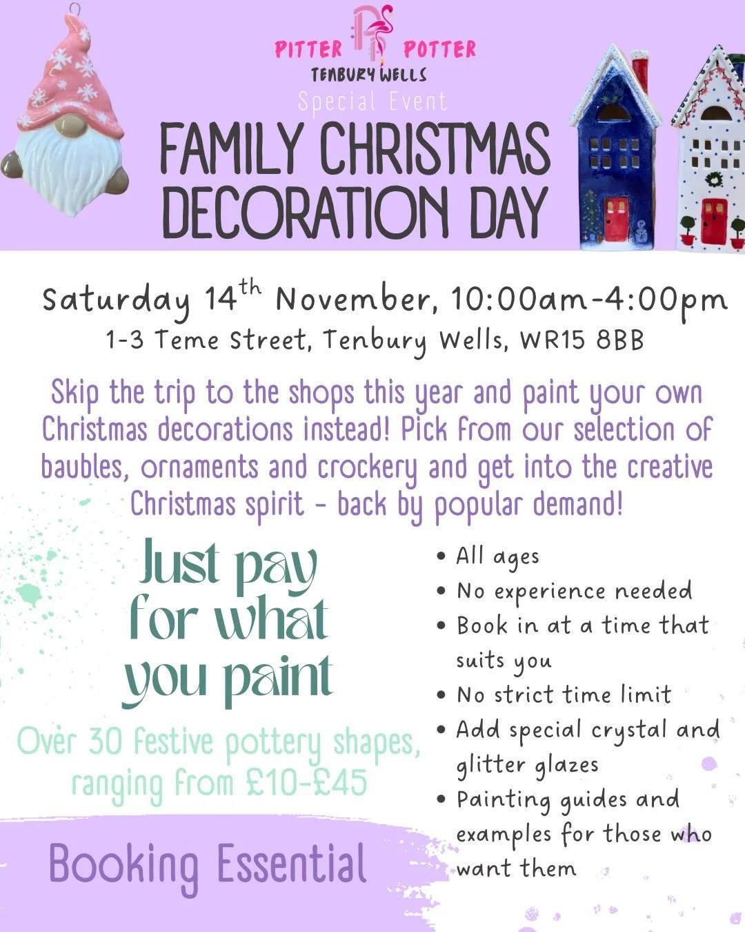 🔔 PITTER &bull; POTTER &bull; EVENT🔔

We know it&rsquo;s still October, but Christmas is looming on the horizon, and we&rsquo;re glad to announce that our super-popular Family Christmas Decoration Day is back! 🎄

Pick from our great selection of o