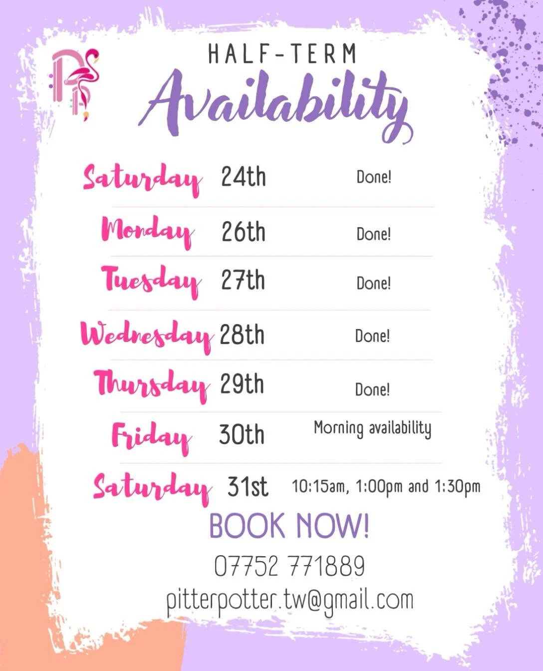 🌵HOLIDAY &bull; AVAILABILITY🌵

Just two days left of October half-term, and one of them is Halloween!👻 We have availability on Friday morning, and a few spaces on Saturday, but make sure you book in advance!
🦩🎨🌵

Book now!
*  Text or phone 0775