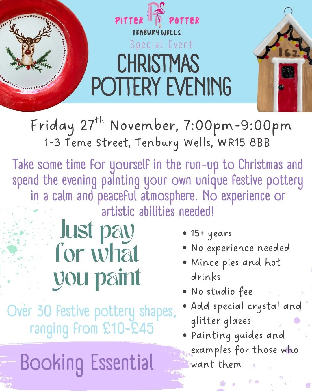 🔔 PITTER &bull; POTTER &bull; EVENT🔔

Thinking ahead to December, we&rsquo;re happy to announce that our Christmas Pottery Evening will be held once again - giving you the opportunity to paint some festive pottery in peace❄️

Take a break from the 