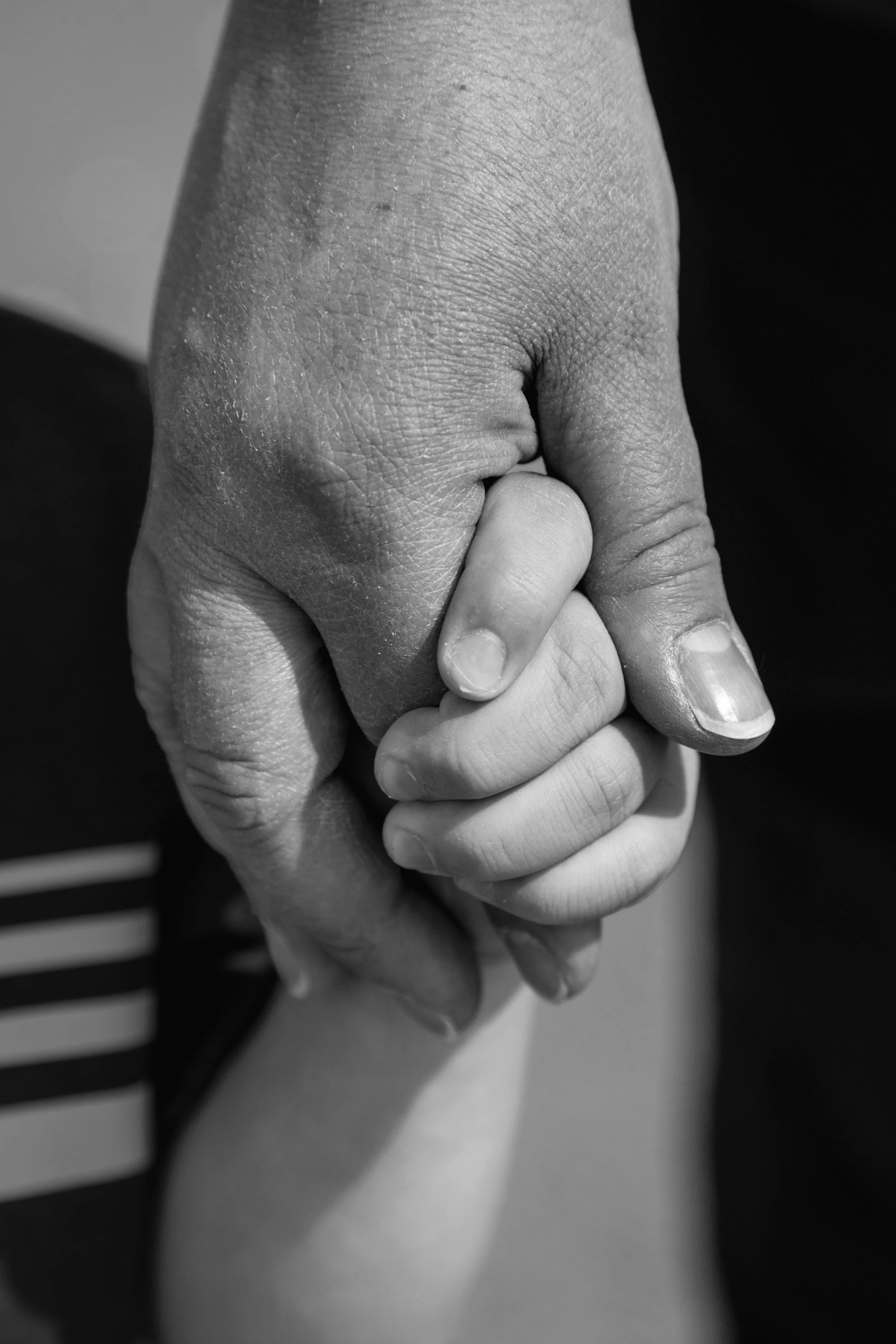 Close-up of an adult and child's hands clasped together, black and white photo.