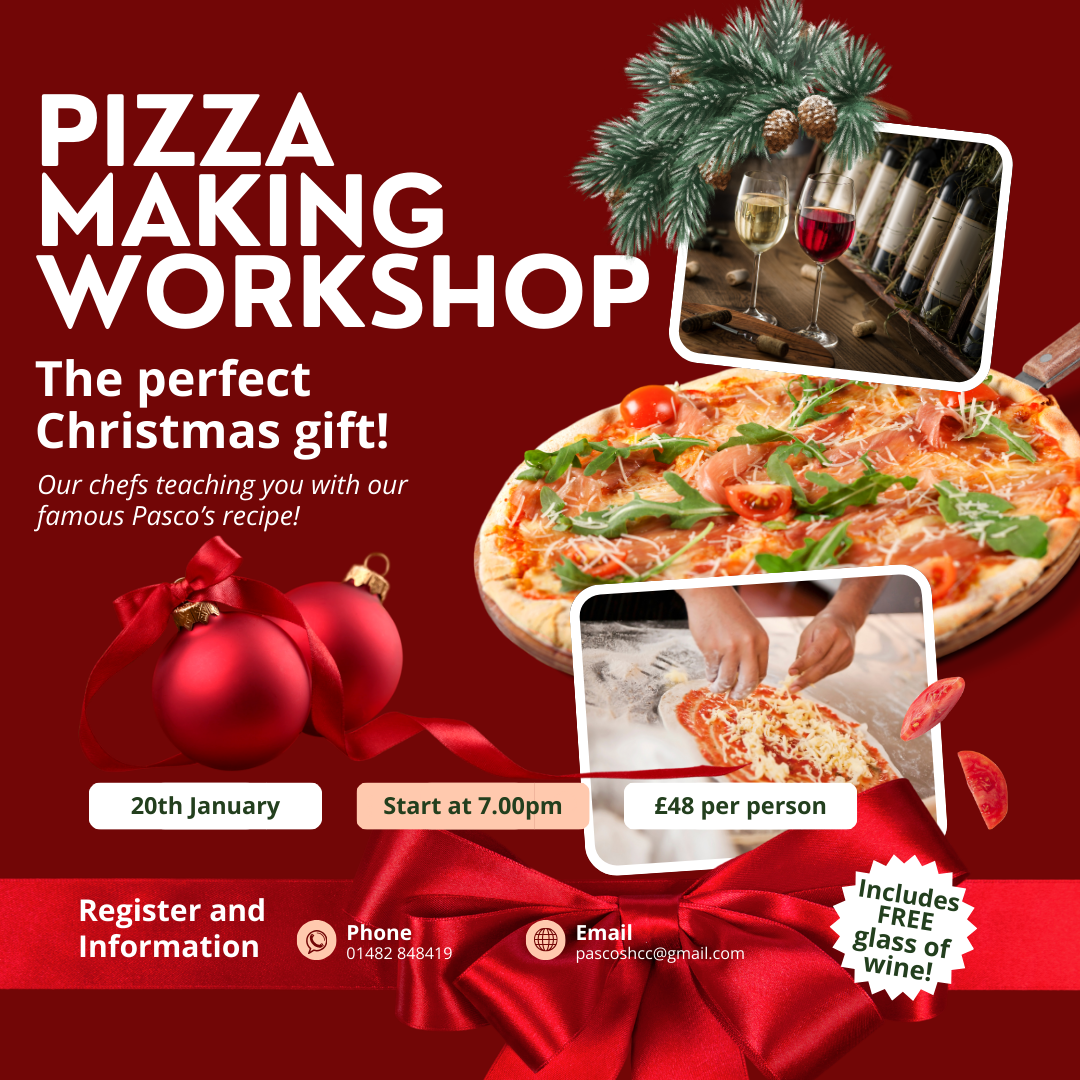 Christmas-themed flyer for a pizza-making workshop with images of pizza, wine glasses, and Christmas ornaments, and details about the event on January 20th starting at 7:00 pm for £48 per person, including a free glass of wine.