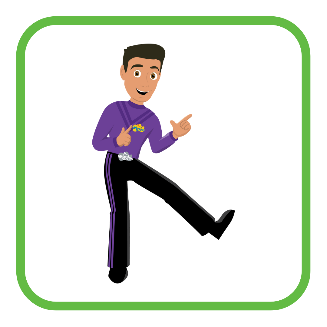 Animated character from The Wiggles in a purple outfit, smiling and pointing with one hand, with one leg raised.