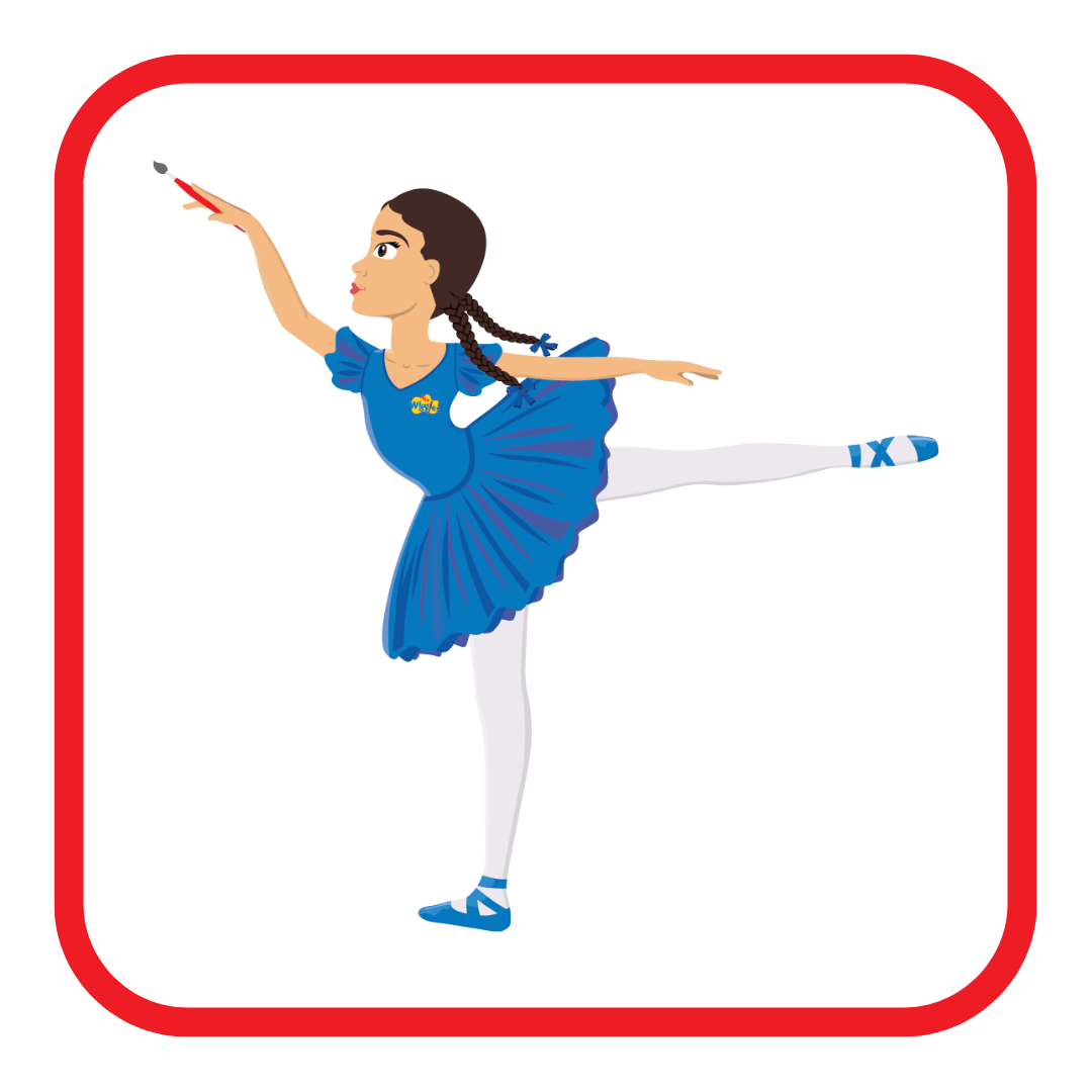 Illustration of a girl in a wiggles blue dress and white tights practicing ballet, holding a paintbrush in her right hand, standing on one leg with her left leg extended behind her in an arabesque pose.