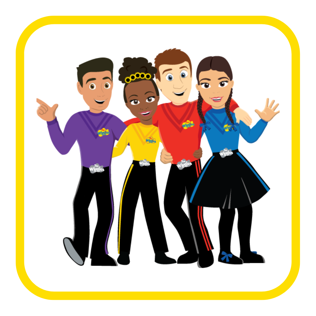Four animated characters from The Wiggles, wearing colorful outfits, smiling, and posing with arms around each other. The background has a yellow border.