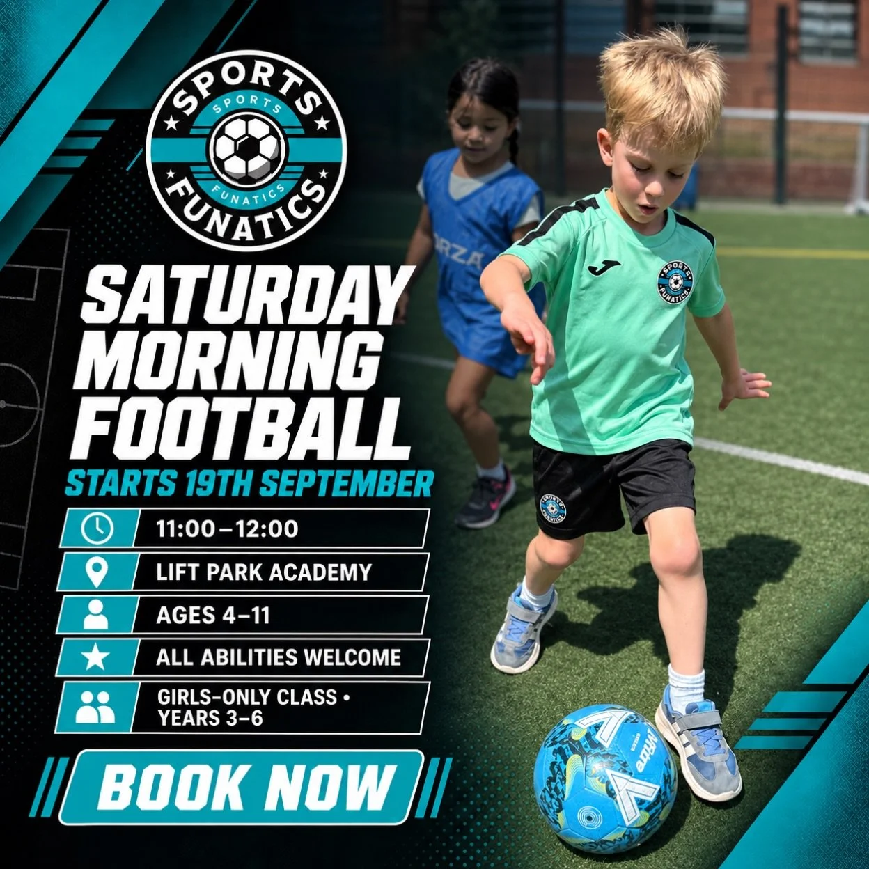 Saturday morning football is back this Saturday, 19th September!

📍 Lift Park Academy
⏰ 11:00&ndash;12:00
⚽ Ages 4&ndash;11
⭐ All abilities welcome
👧 Girls-only class for Years 3&ndash;6

We&rsquo;ve been a little quiet on social media since summer