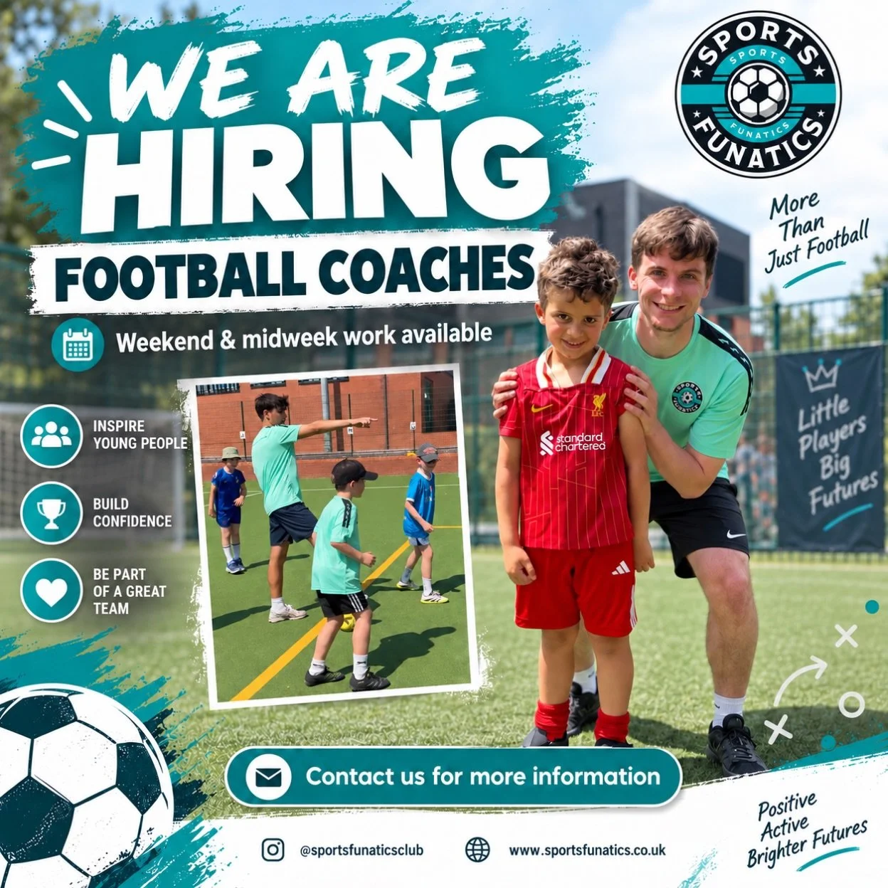 We&rsquo;re hiring football coaches ⚽️
Are you passionate about helping young players learn, develop and enjoy the game in a fun, positive environment?

We&rsquo;re looking for coaches to join Sports Funatics for midweek and weekend coaching opportun