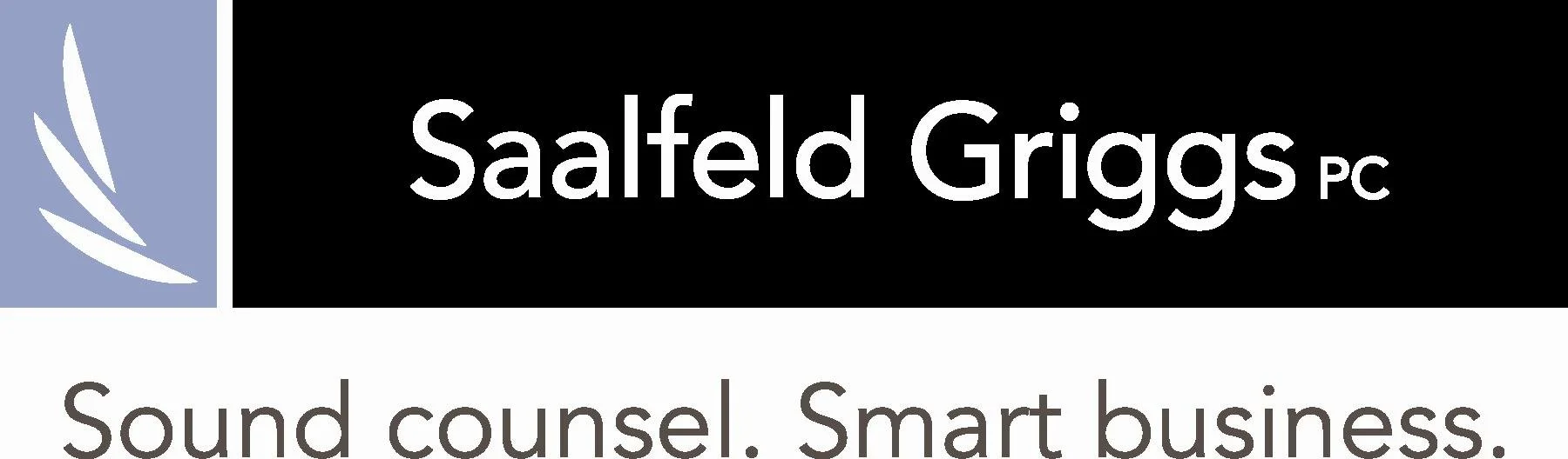 Logo for Saalfeld Griggs PC law firm with a blue and white branch symbol, and text that reads "Saalfeld Griggs PC" and slogan "Sound counsel. Smart business."