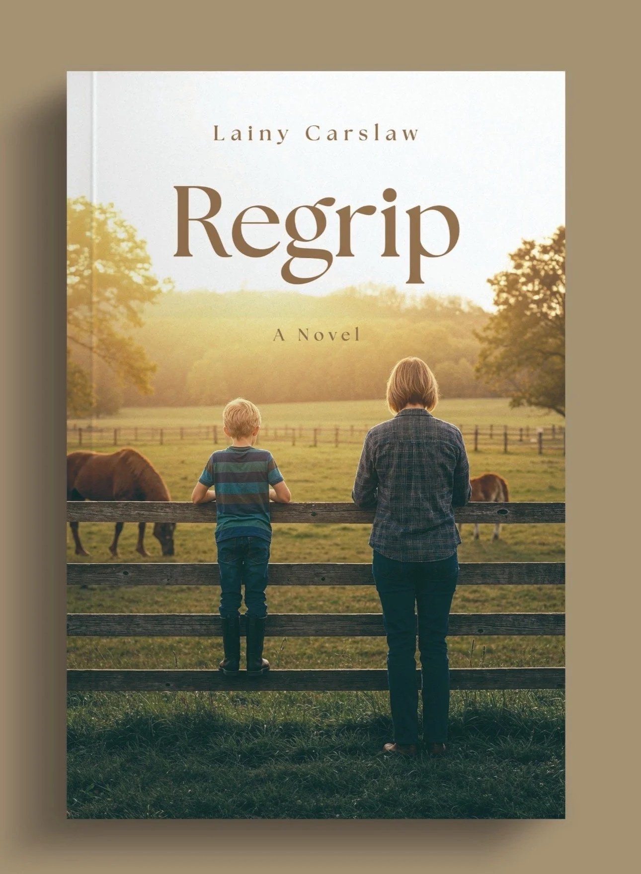 A book cover titled 'Regrip' by Lainy Carslaw features a scene of a woman and a boy standing at a wooden fence, looking at a farm with grazing cows in a field during sunset, with trees in the background.
