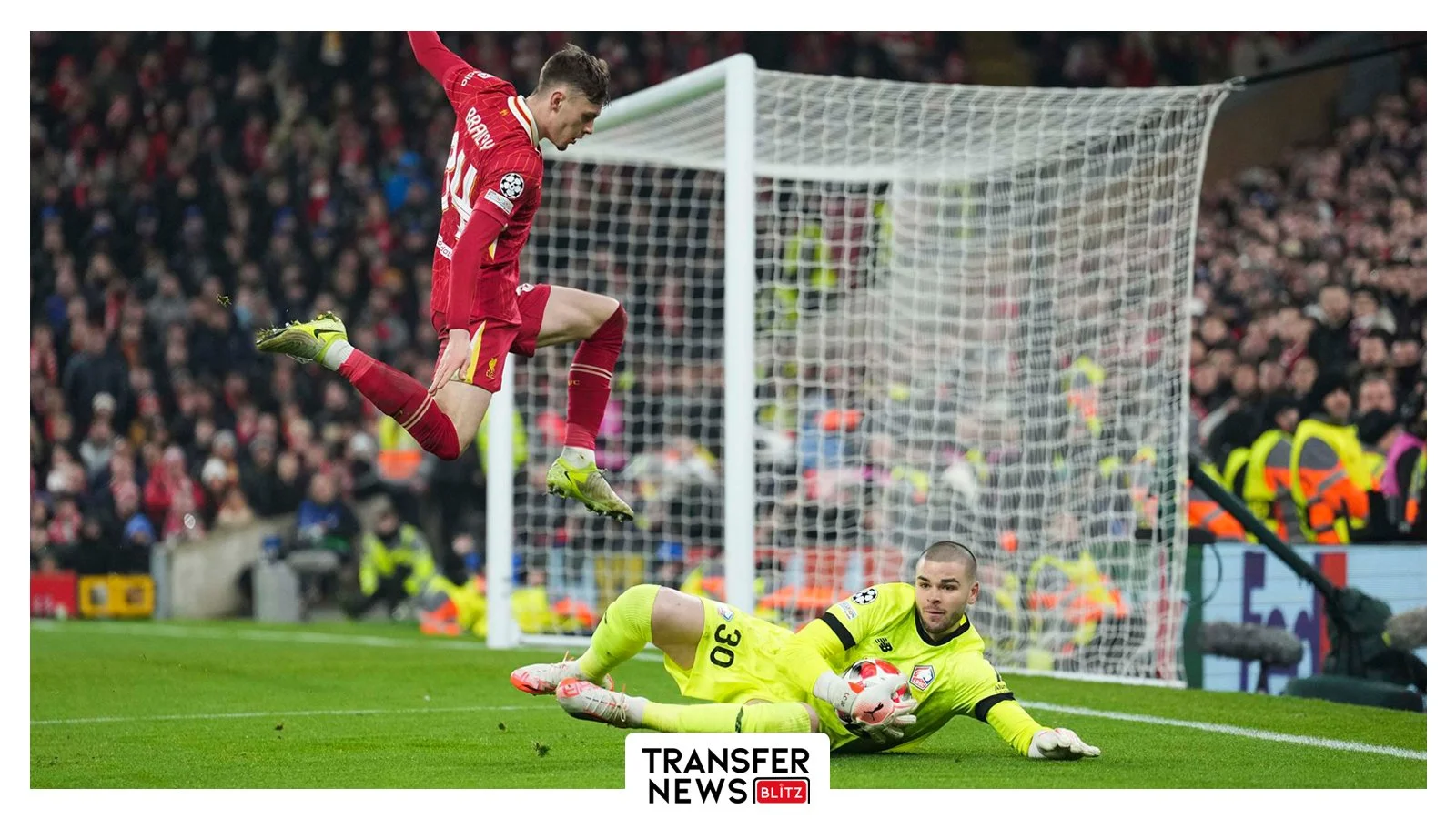 Lucas Chevalier in action against Liverpool.