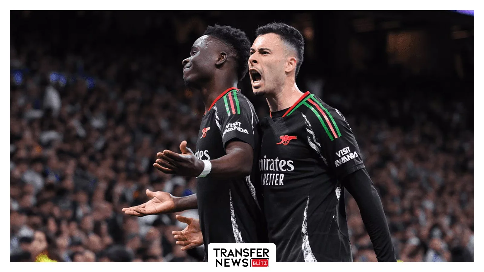 Bukayo Saka and Gabriel Martinelli celebrate a goal against Real Madrid.
