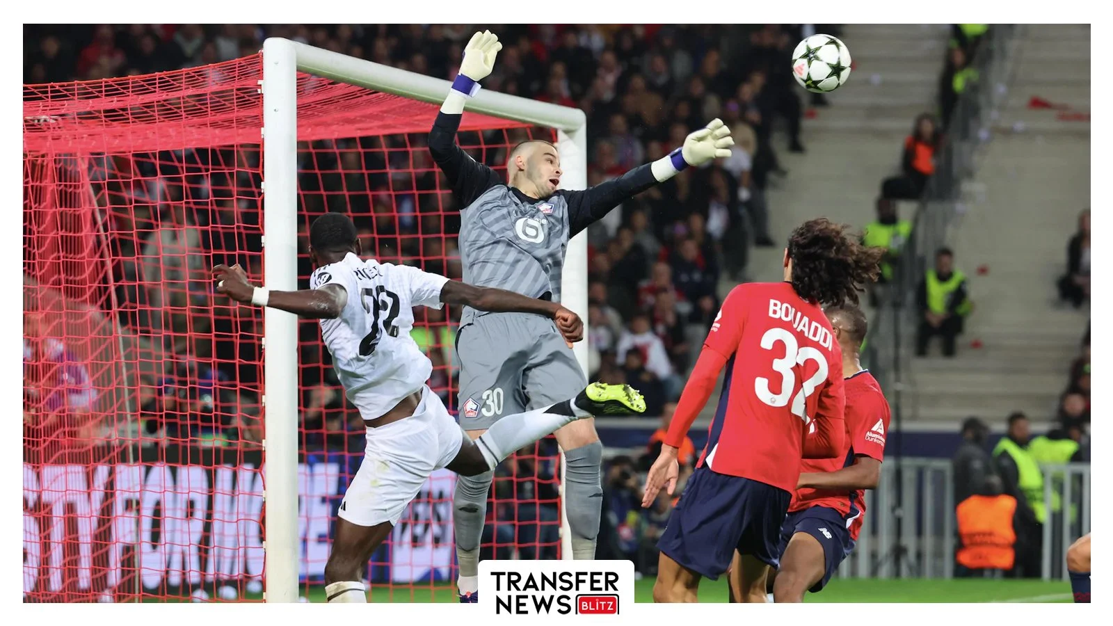 Lucas Chevalier makes a great save against Real Madrid.