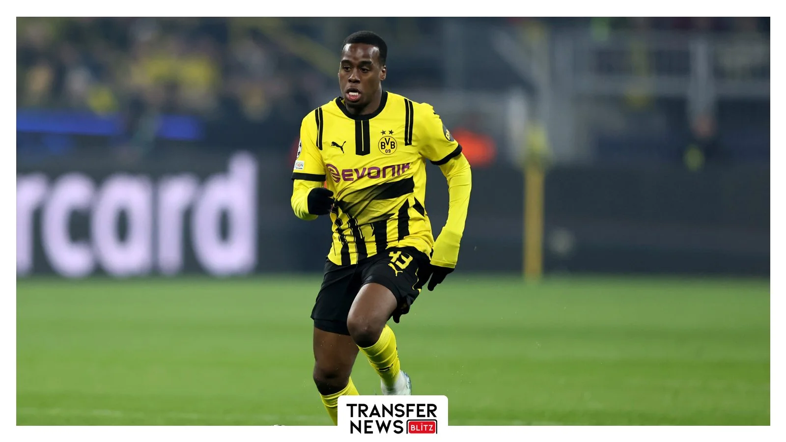 Jamie Gittens in Champions League action for Borussia Dortmund.