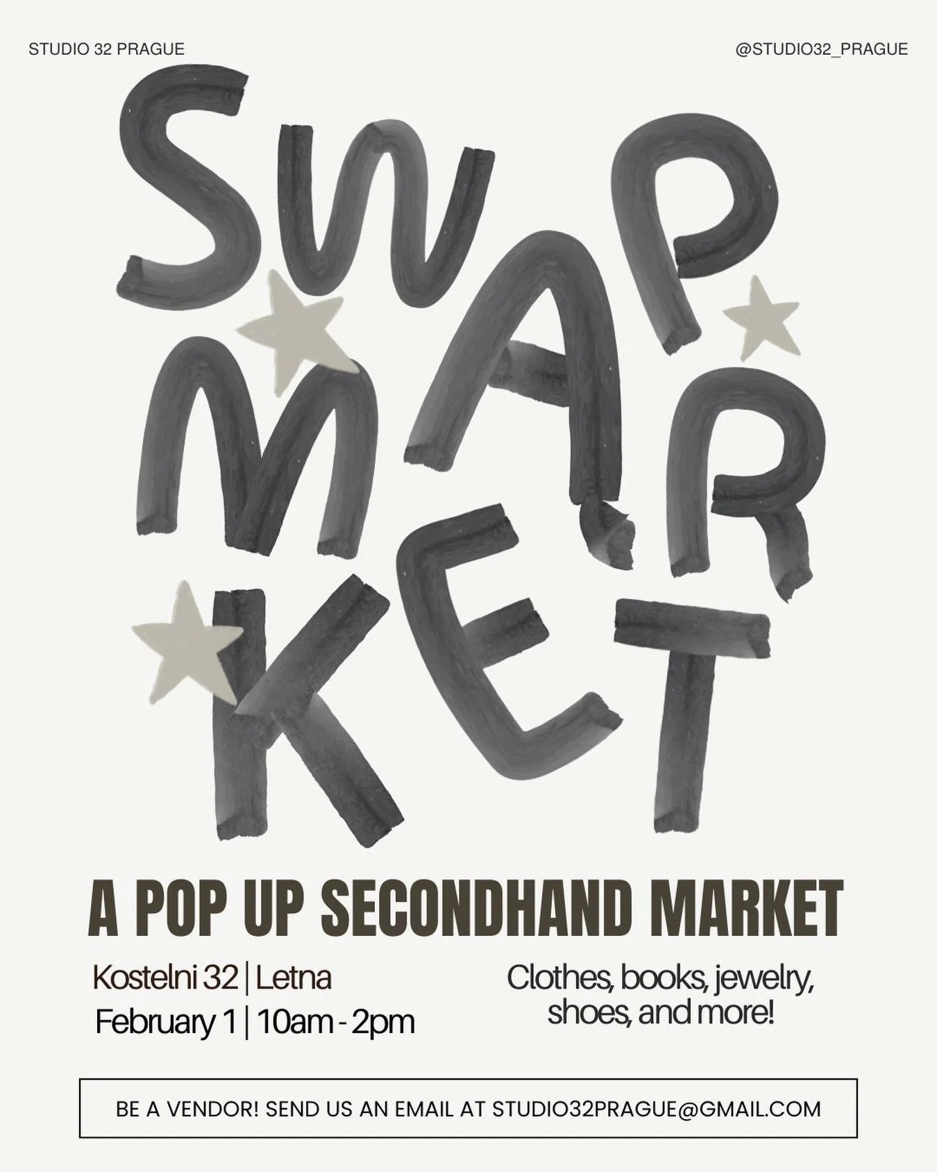 Come thrift with us 🤍
We&rsquo;re hosting a small secondhand pop-up in our studio on Feb 1 from 10&ndash;14.

Free entry ✨
Secondhand clothing &amp; household items ♻️

Selling too? A few vendor spots are still available.
💸 100 Kč per vendor
Messag