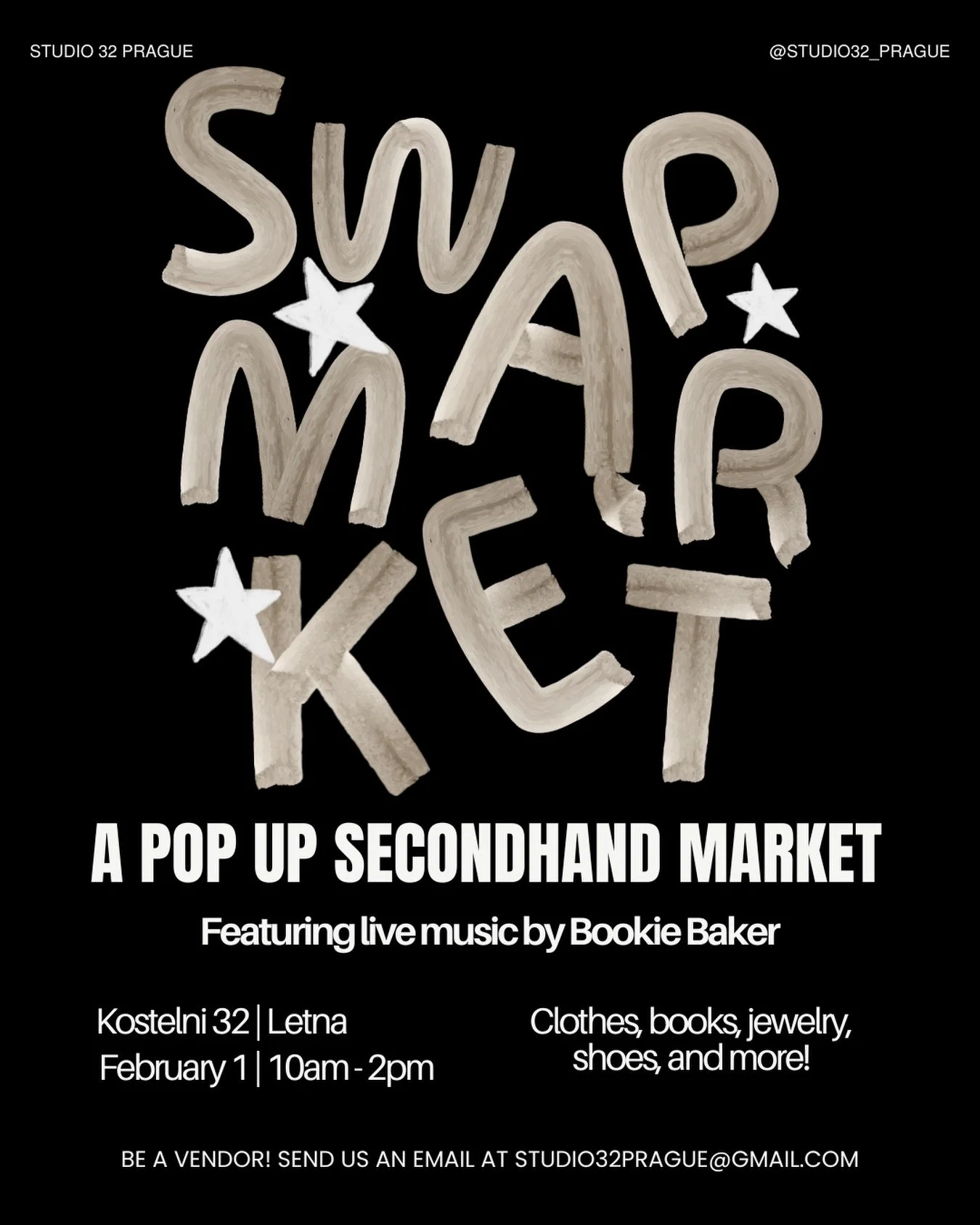 ✨ POP-UP MARKET THIS SUNDAY ✨

🎶 Live music by Prague favorites @bookiebakermusic 
👗 Secondhand clothes &amp; shoes
🏡 Household treasures
🖐️ Small artisan sellers &amp; unique finds

Come browse, vibe, and discover something special! Then stay fo