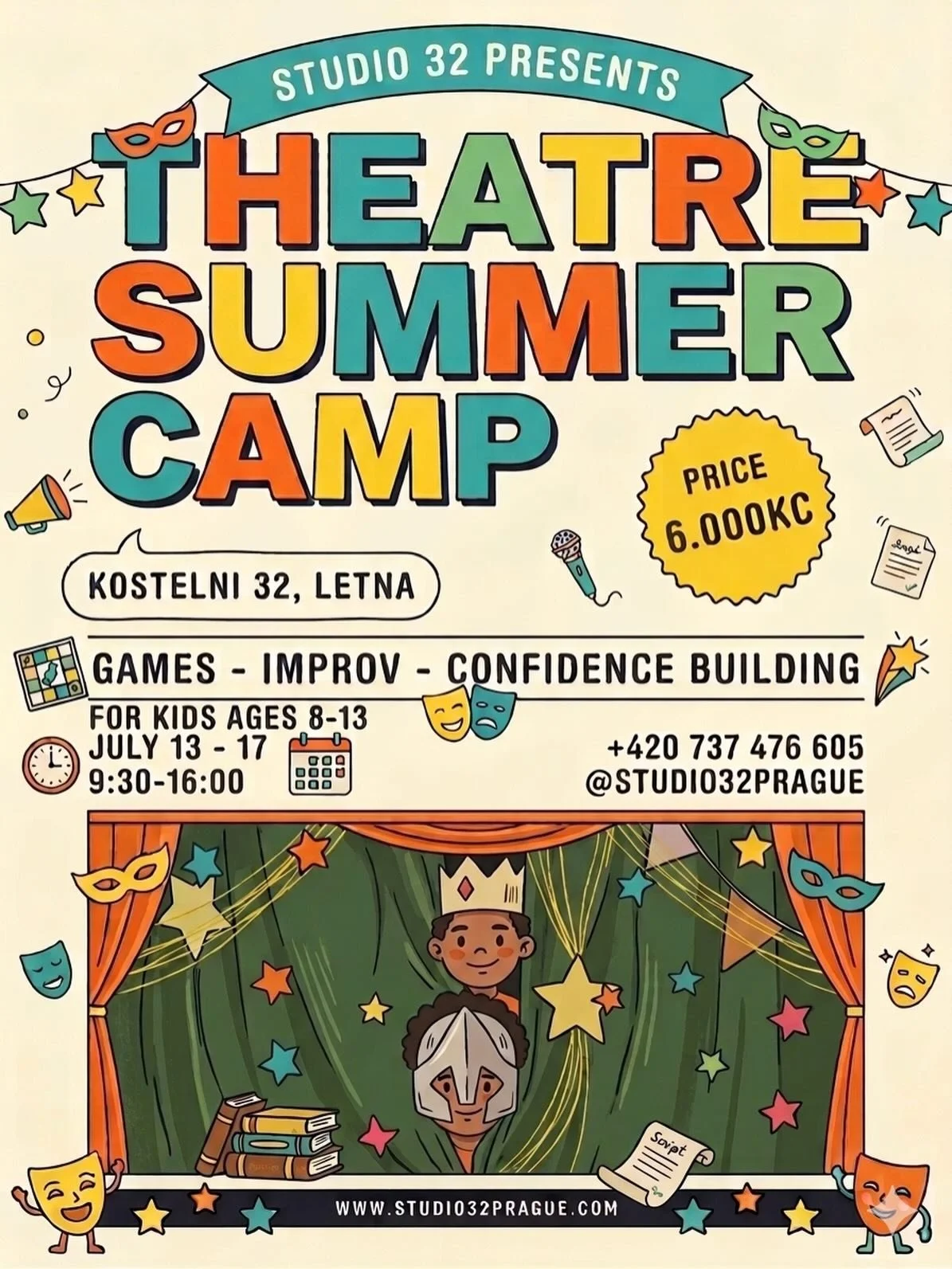 Is your child ready to step into the spotlight? 🎭✨

Studio 32 presents our first theatre summer camp for kids! Over the course of the week, students will dive deep into the dual worlds of structured theater and spontaneous improv All while gaining c