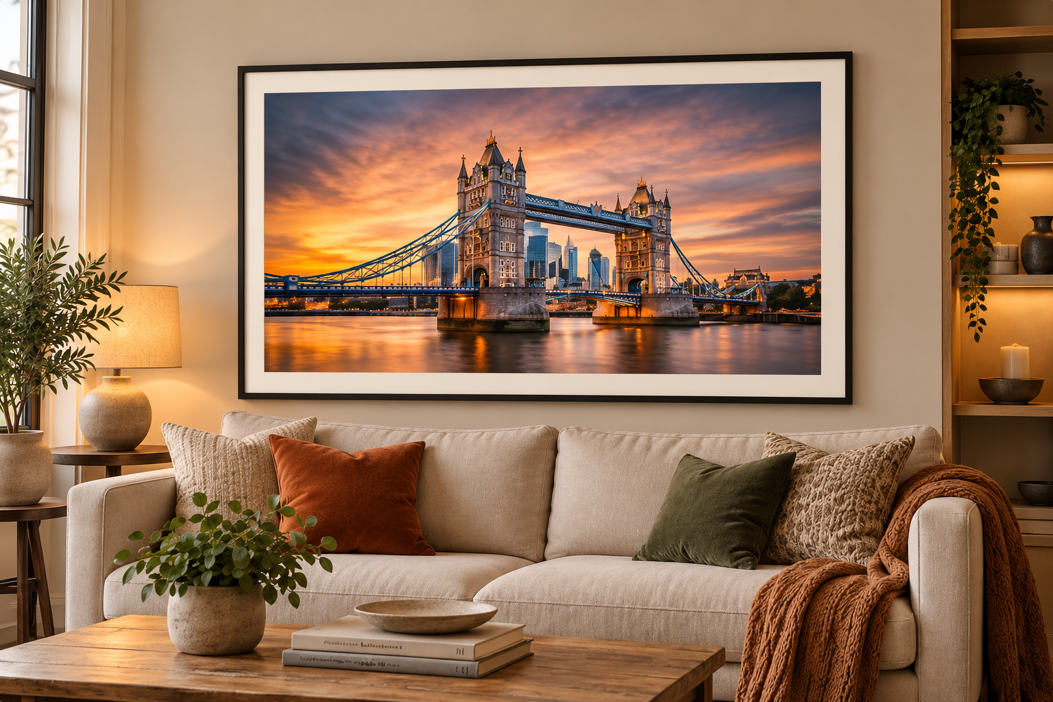 Framed fine art photograph of London's Tower Bridge at sunset, displayed above a cream sofa in a stylish living room.