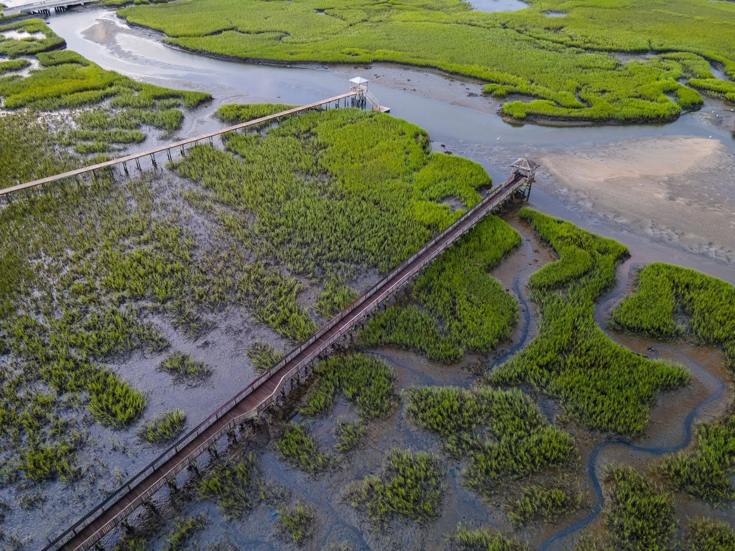Aerial view of a wooden boardwalk through a marsh with green grasses and small streams of water.