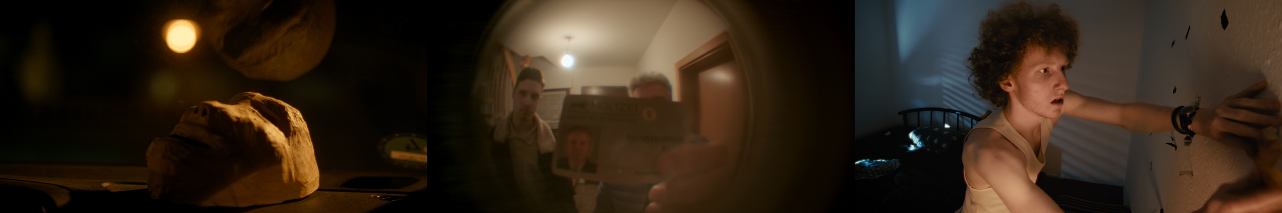 3 Bilder. Das erste zeigt eine Maske auf einem Armaturenbrett, das zweite 2 Personen, die durch einen Türspion schauen, das dritte einen lockigen mann, der Bilder von einer Wand reißt.