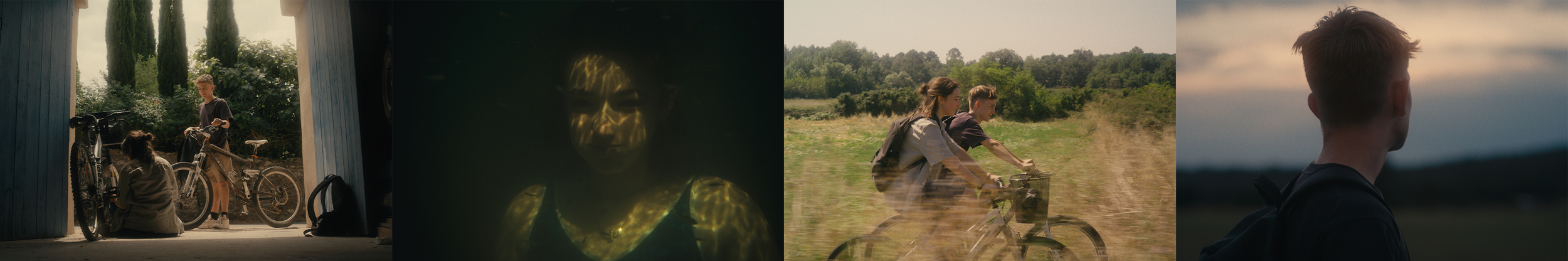 Vier Bilder, die junge Menschen in verschiedenen Szenen zeigen, darunter beim Fahrradfahren, einer Person, die im dunklen Licht sitzt und lächelt, einen Jungen mit Fahrrad und Backpack auf einem Feld bei Sonnenuntergang, und einen Jungen, der in die Ferne blickt.