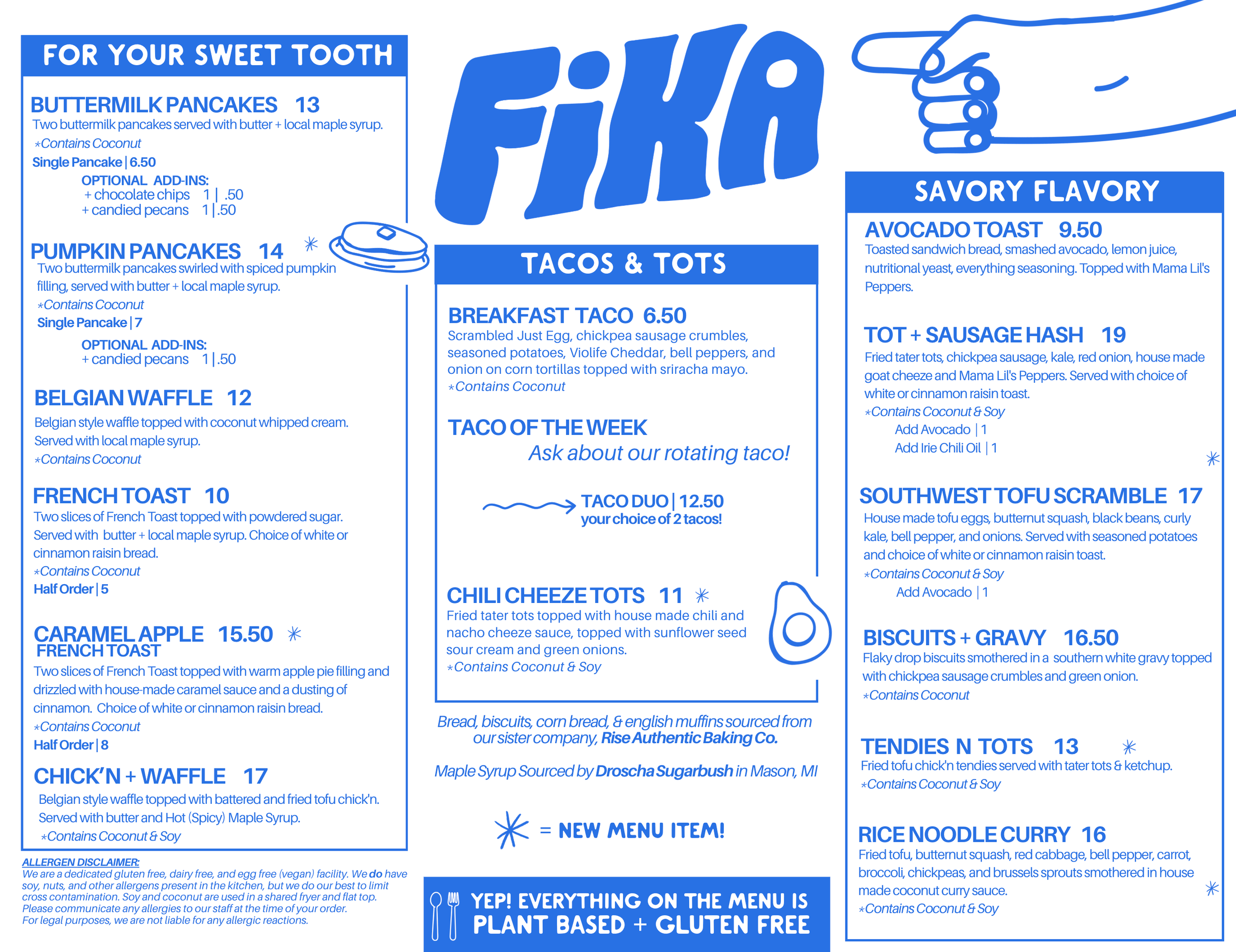 Fika restaurant menu with sections for breakfast, tacos, and savory flavors, featuring items like buttermilk pancakes, Belgian waffle, avocado toast, breakfast tacos, and more, all in blue and white design.