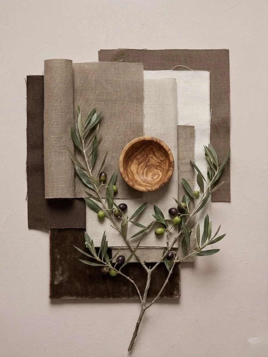 A decorative wall arrangement with layered fabric pieces in earthy tones, an olive branch with green and purple olives, a small wooden bowl, and a neutral-colored wall background.
