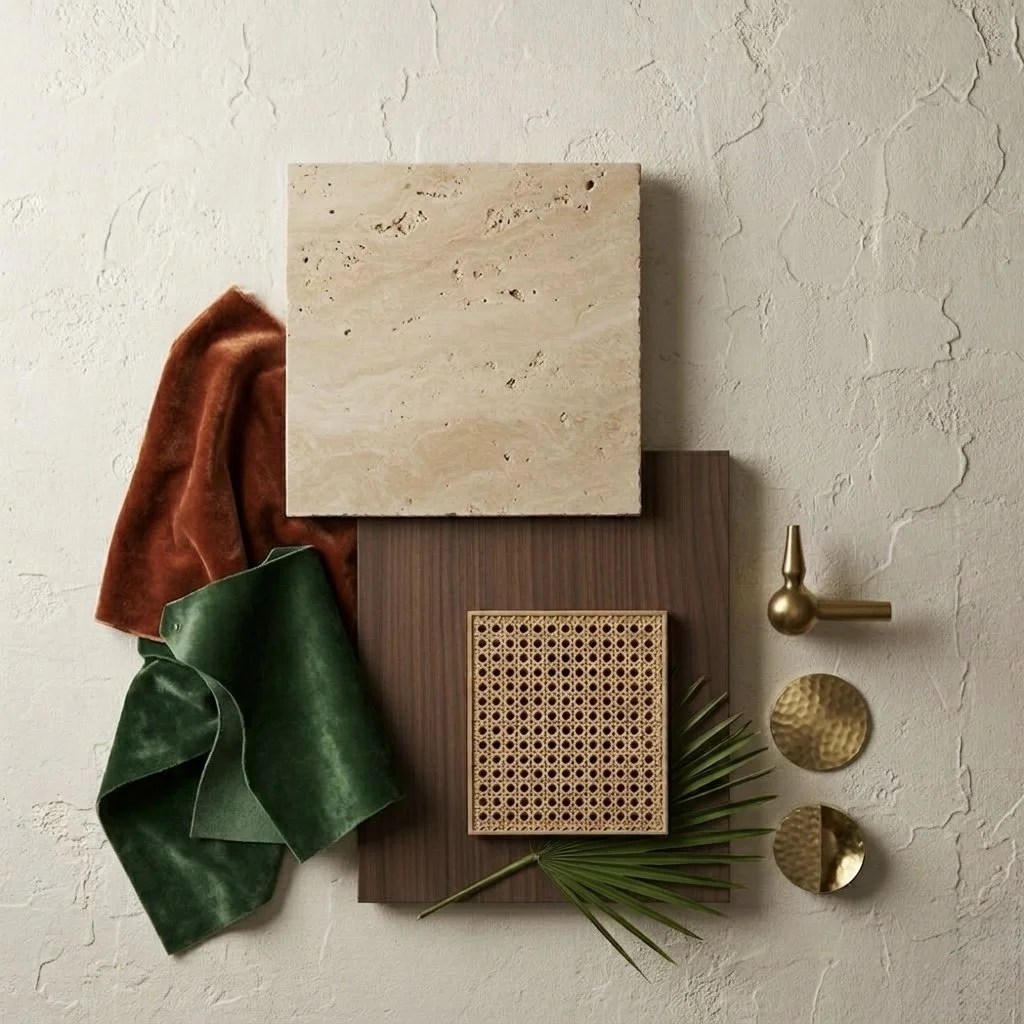A textured beige wall with a collection of decor items including a stone tile, a wooden panel, a woven square, a green leather piece, a rust-colored leather piece, a palm leaf, and three small hammered metal objects in gold color.