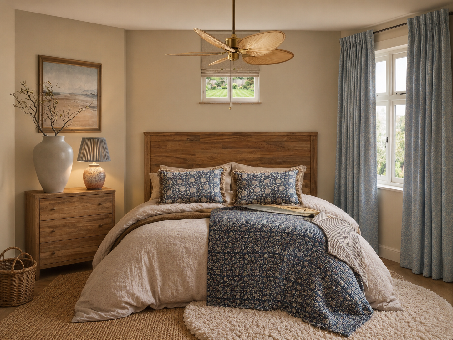 A cozy bedroom with a wooden headboard, beige and blue bedding, and matching pillows. A small window above the bed shows a green lawn outside. To the left, a wooden nightstand with a large white vase holding twigs, and a small lamp. To the right, blue patterned curtains partially cover a window. The ceiling has a leaf-shaped ceiling fan, and a framed landscape painting hangs on the wall. The floor is partly covered by a woven rug.