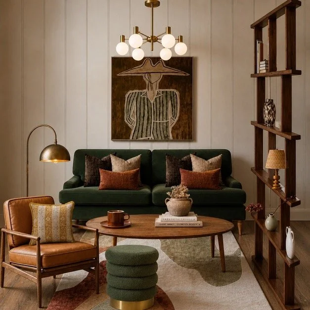 Living room with a green sofa, wooden coffee table, leather armchair, and bookshelf, decorated with artwork, cushions, and lamps.