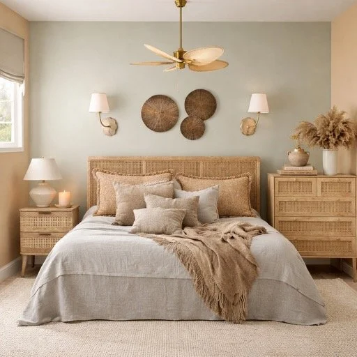 A cozy bedroom with a light green wall, a wicker headboard, and matching wicker nightstands. The bed has beige and neutral-colored pillows with a beige throw blanket. There are two wall-mounted lamps with white shades, wall decor resembling woven discs, a ceiling fan with wooden blades, and a tall vase with pampas grass on one nightstand.