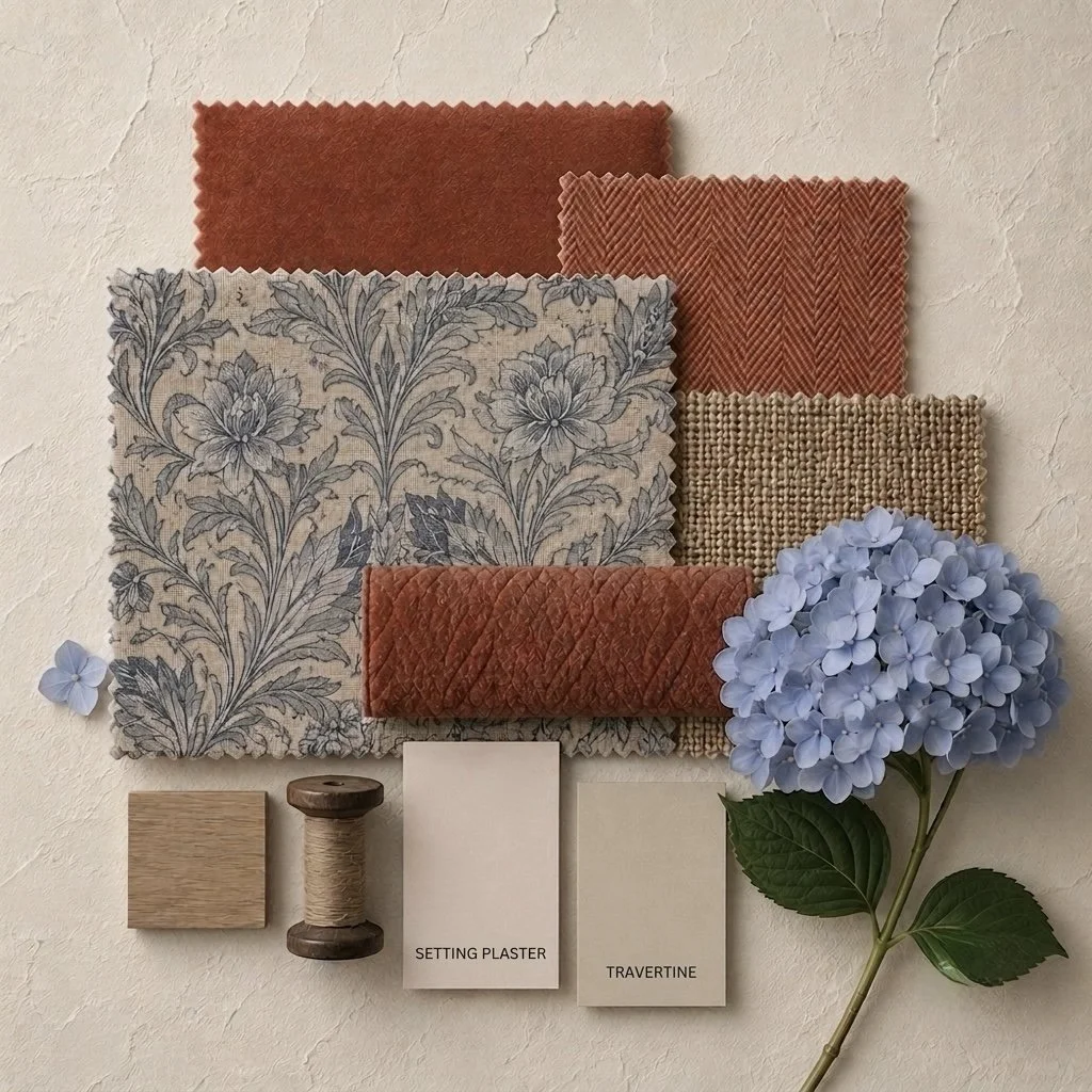 Arrangement of fabric swatches, a flower, and small objects including a wooden square, a spool of thread, a box labeled 'setting plaster,' and a card labeled 'travertine' on a textured wall.