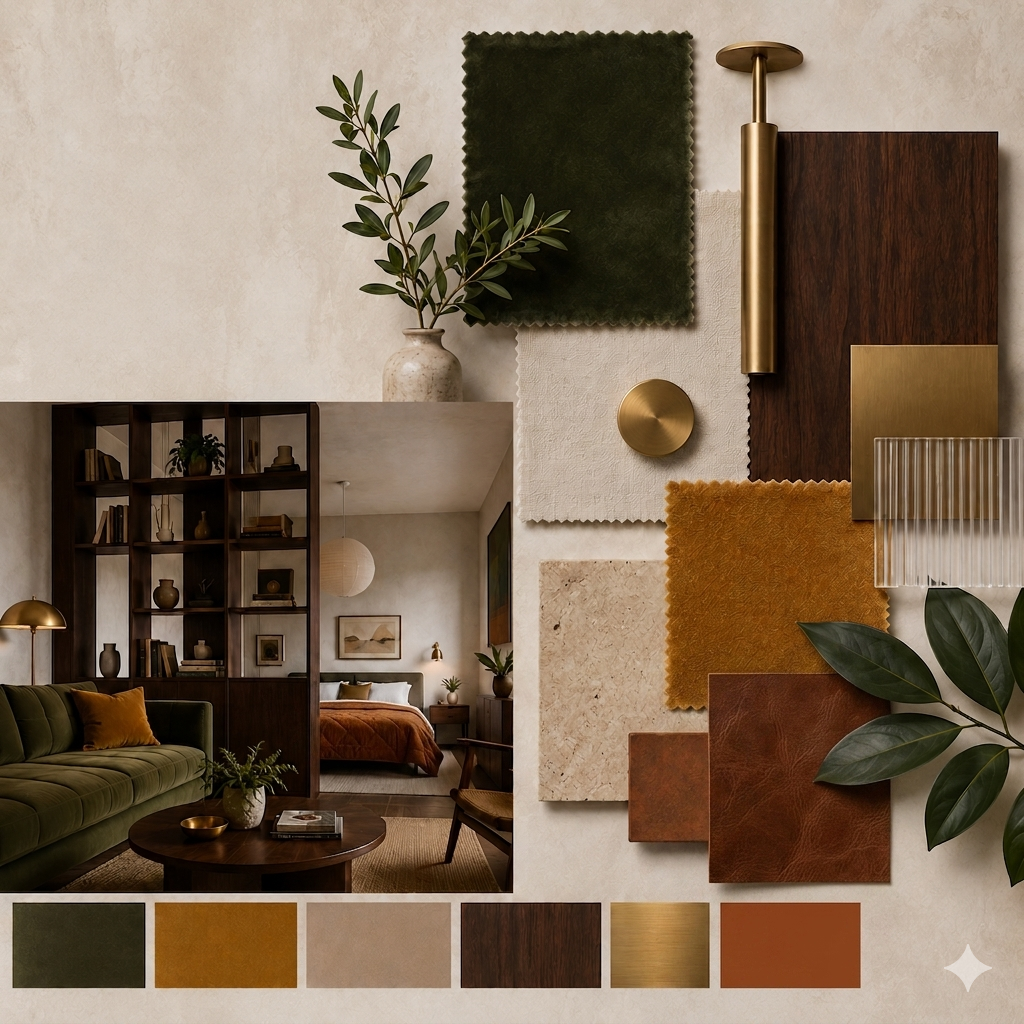 Color palette and interior decor inspiration with fabric and material samples, a living room, and bedroom.