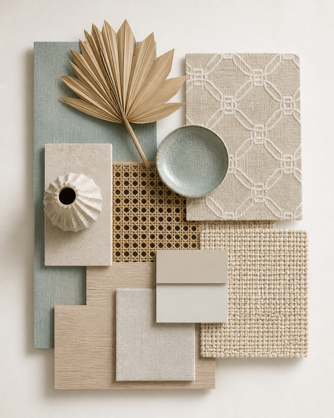 A flat lay of various neutral-tone home decor materials including fabric swatches, ceramic bowls, a dried palm leaf, a textured ceramic vase, and decorative tiles arranged on a white background.
