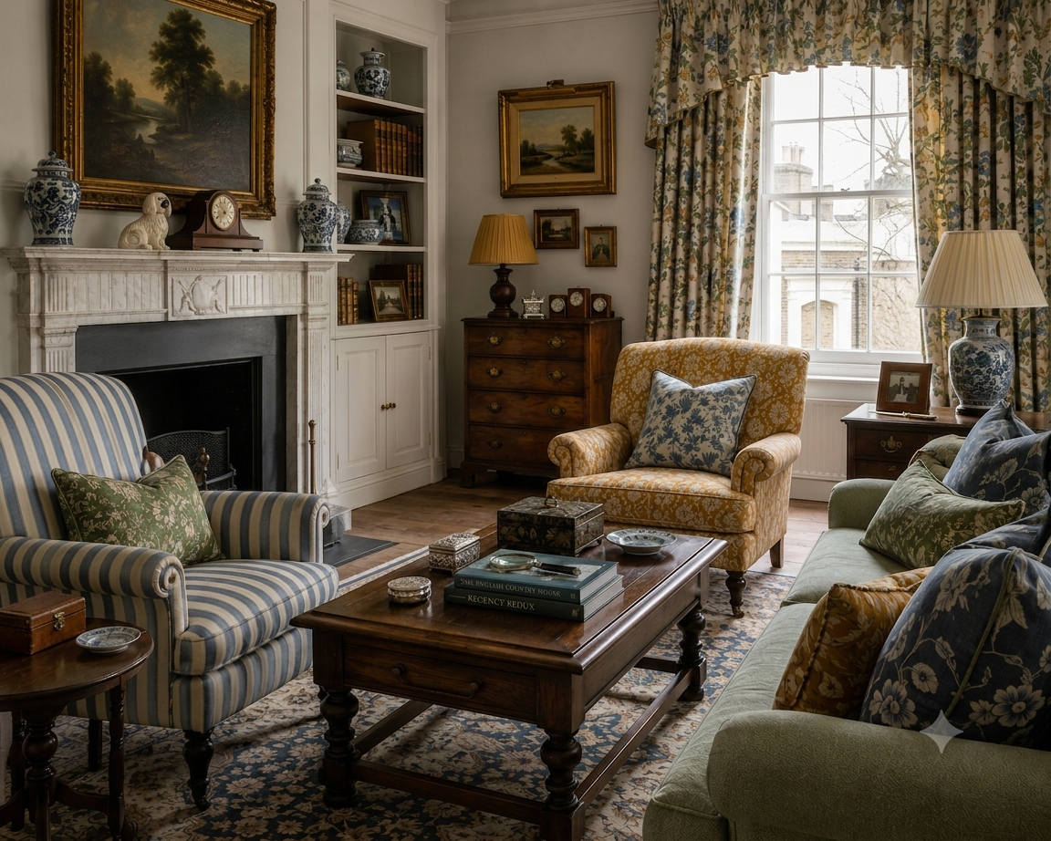 Traditional living room with floral curtains, framed landscape paintings, antique wooden furniture, velvet armchair, striped sofa, and decorative pillows, illuminated by natural light from a large window.