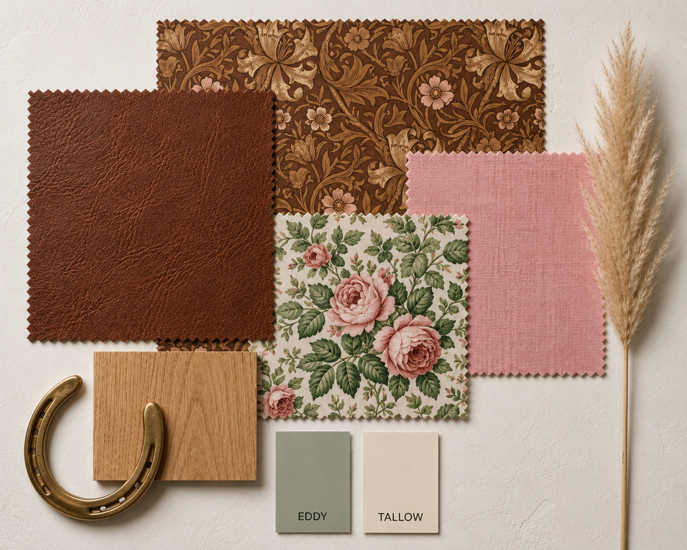 Interior design materials including floral patterned fabric, pink fabric swatch, textured brown fabric, vinyl sample, wooden square piece, horseshoe, and natural pampas grass on a white background.